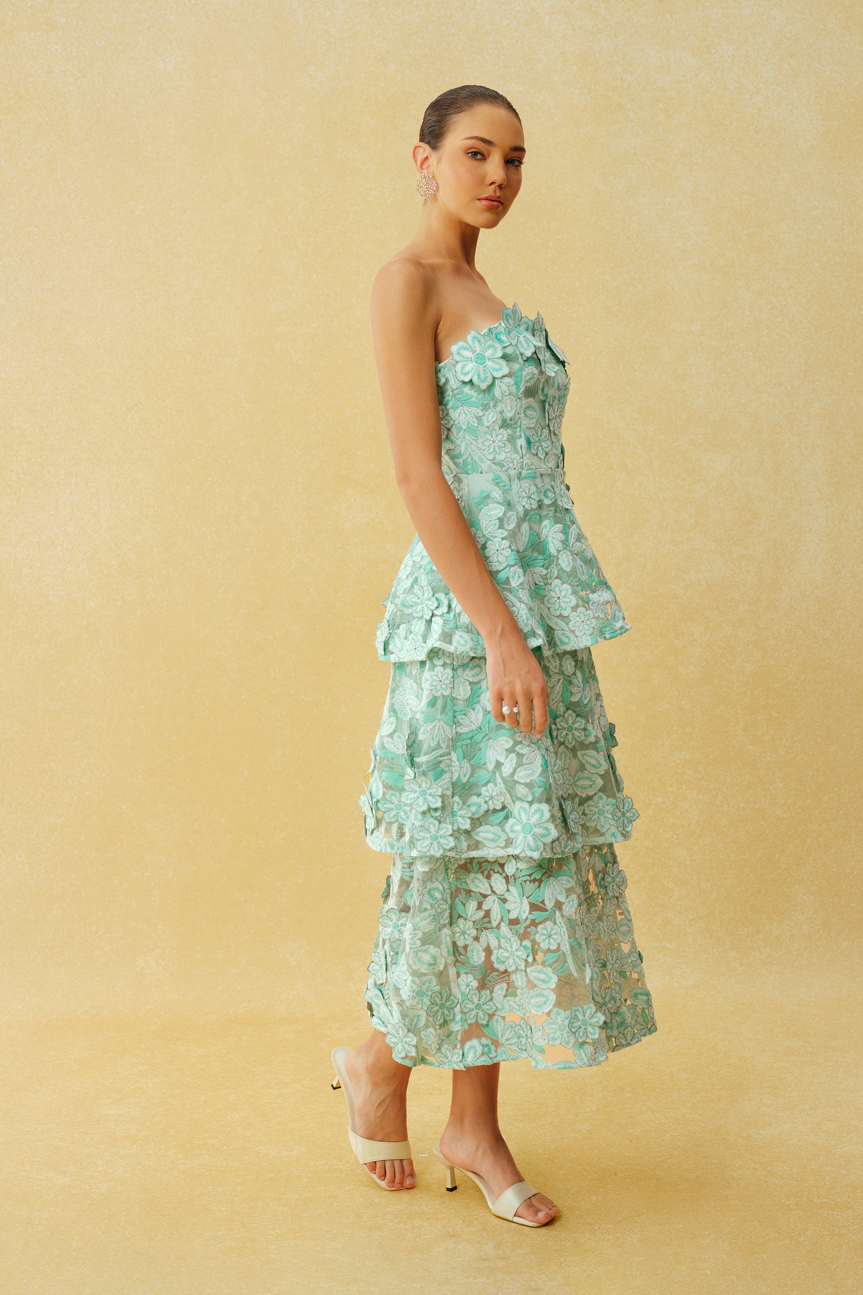 Almost Perfect Mint Green Strapless Floral Embroidery Tiered Midi Dress