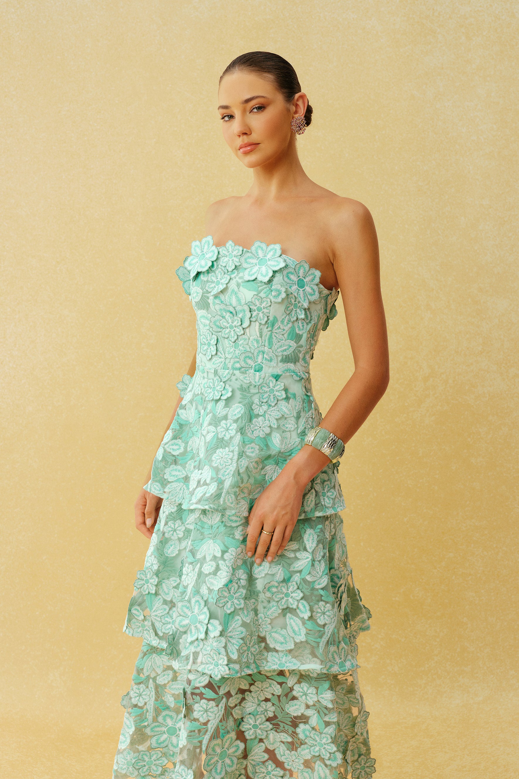 Almost Perfect Mint Green Strapless Floral Embroidery Tiered Midi Dress