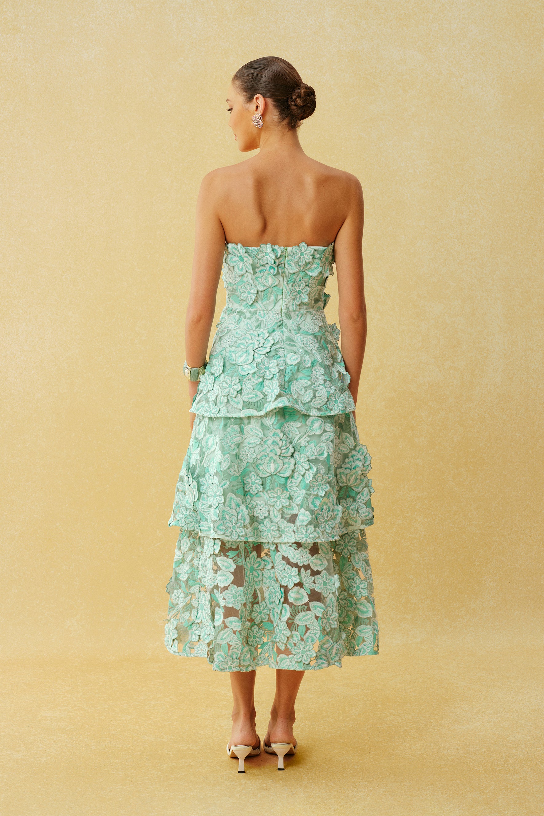 Almost Perfect Mint Green Strapless Floral Embroidery Tiered Midi Dress