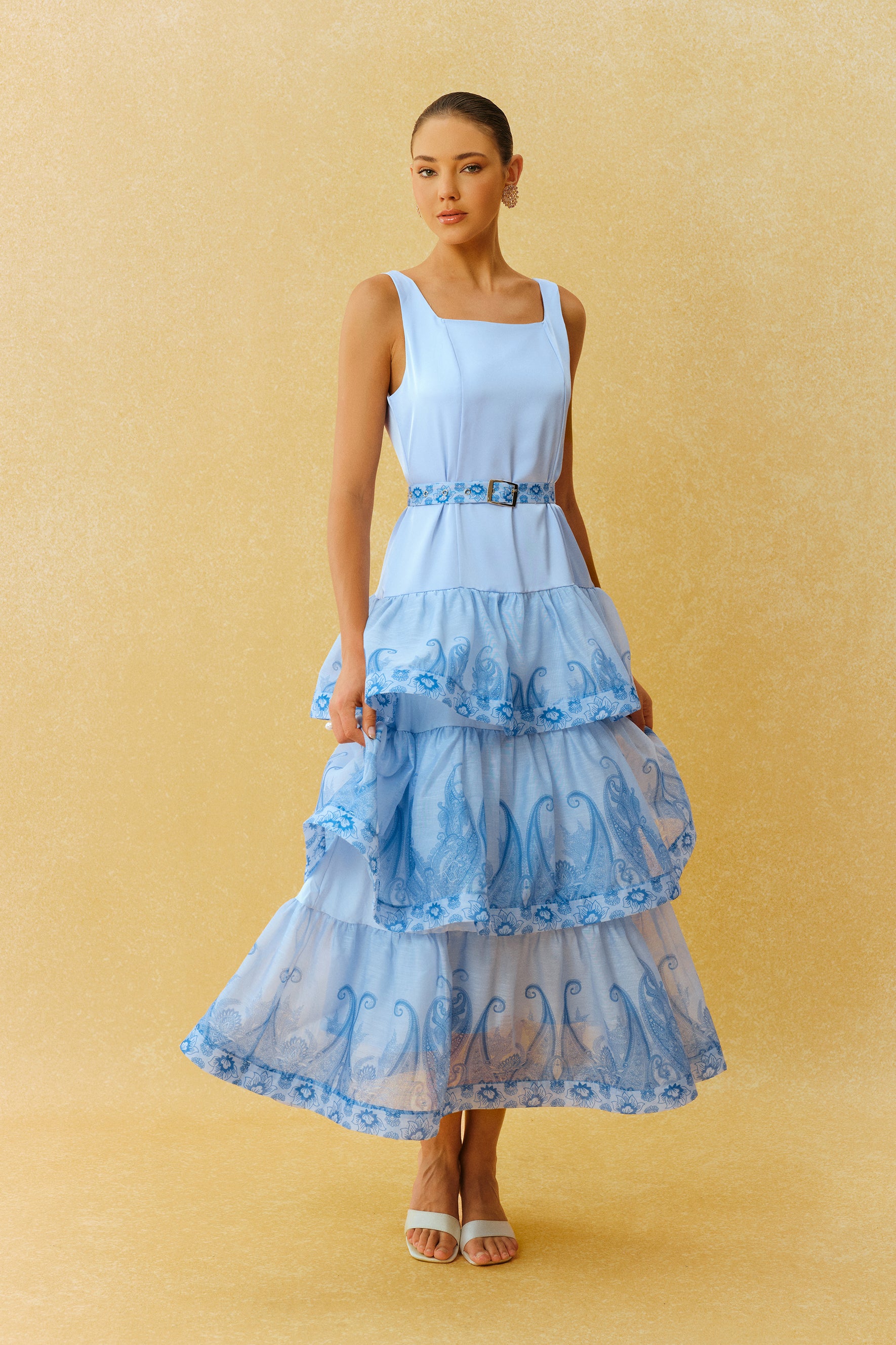 Forever Yours Blue Paisley Print Square Neck Tiered Maxi Dress