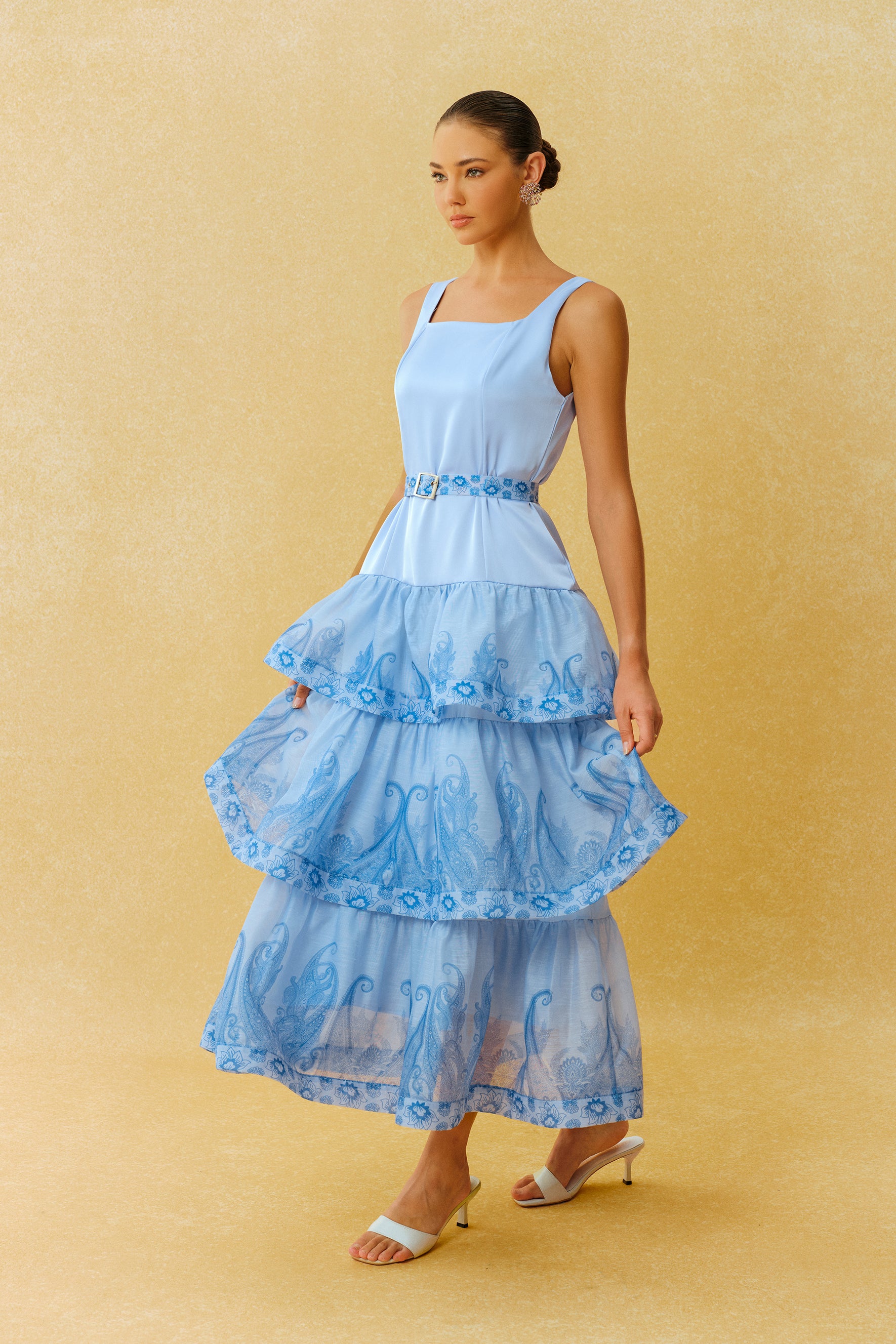 Forever Yours Blue Paisley Print Square Neck Tiered Maxi Dress