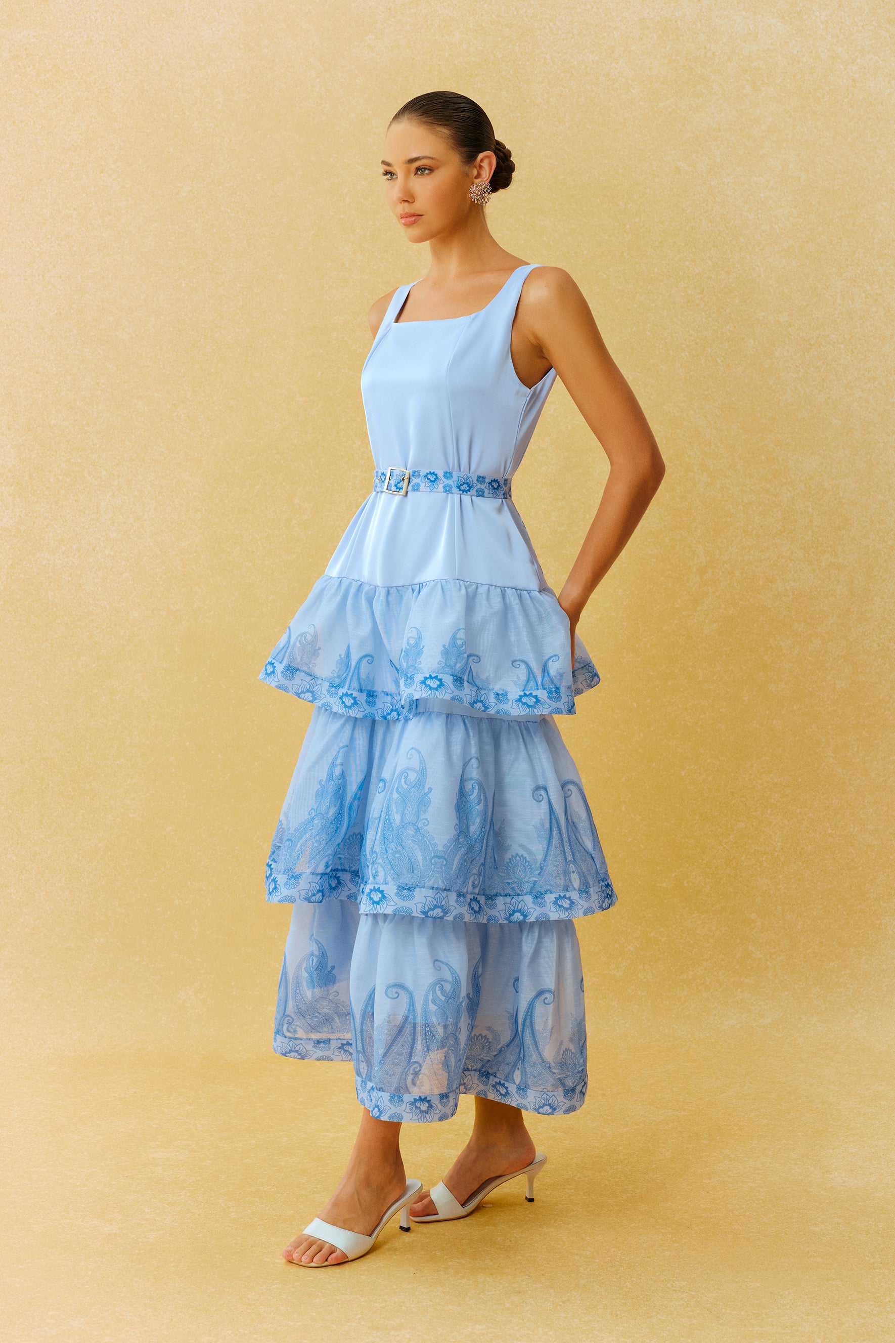 Forever Yours Blue Paisley Print Square Neck Tiered Maxi Dress
