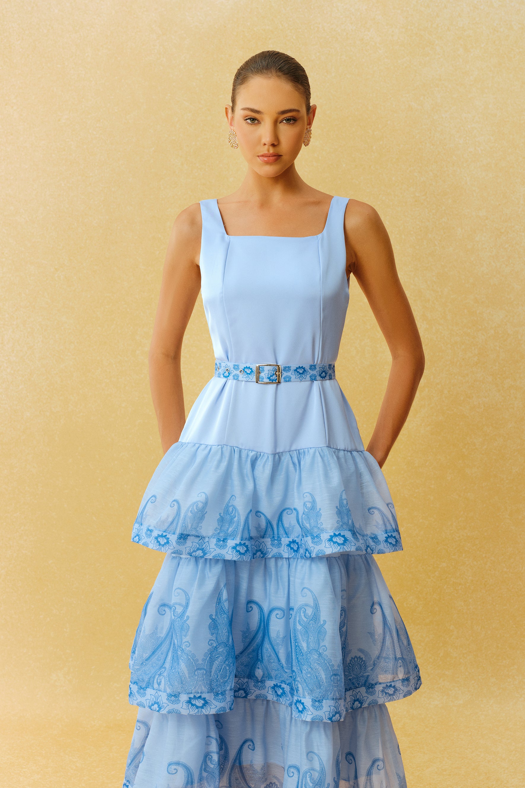 Forever Yours Blue Paisley Print Square Neck Tiered Maxi Dress
