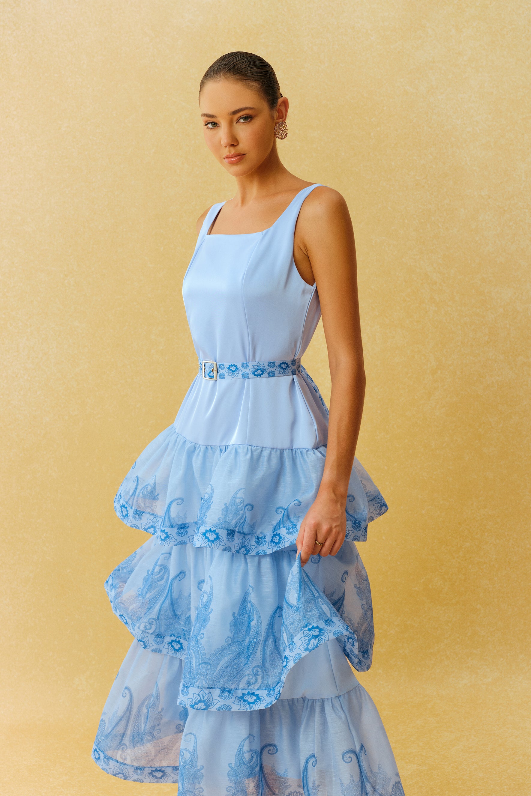 Forever Yours Blue Paisley Print Square Neck Tiered Maxi Dress