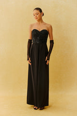 Night Elegance Black Sweetheart Beaded Jumpsuit With Gloves