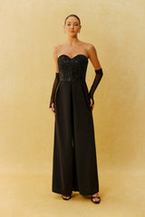 Night Elegance Black Sweetheart Beaded Jumpsuit With Gloves
