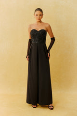 Night Elegance Black Sweetheart Beaded Jumpsuit With Gloves