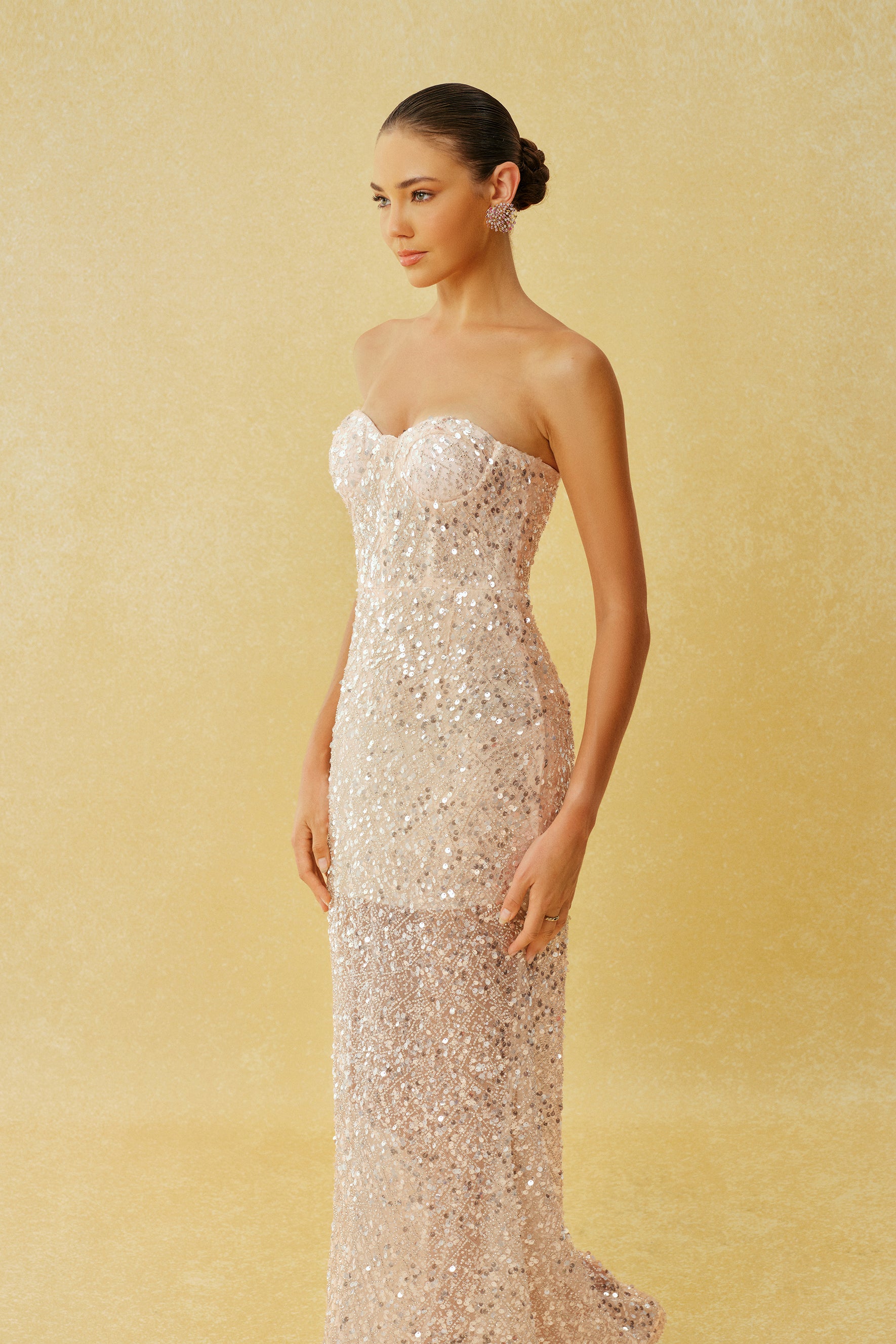 In The Spotlight Apricot Strapless Sequin Mermaid Maxi Dress