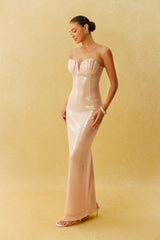 Steal The Show Apricot Shell Cup Sequin Maxi Dress