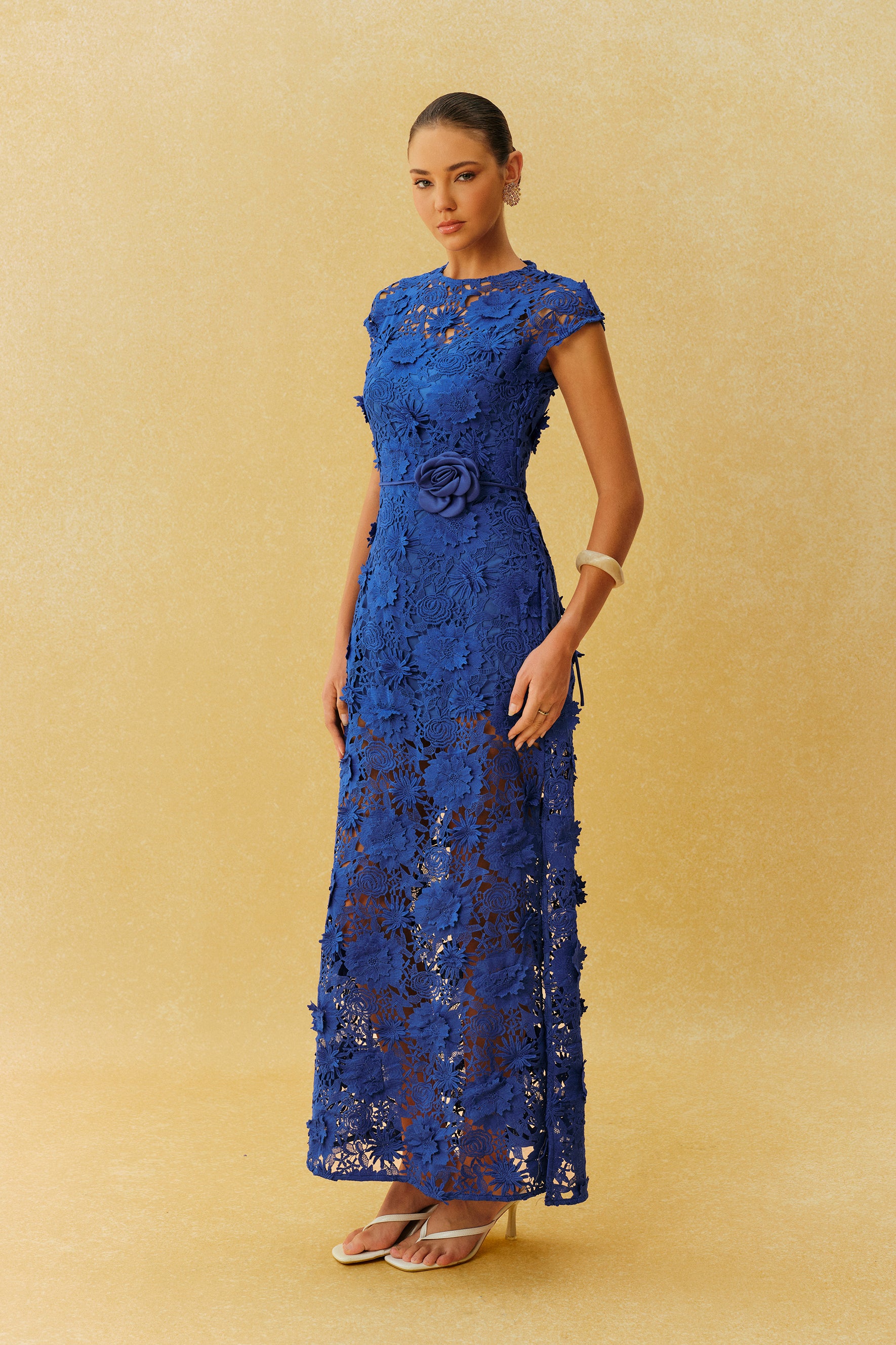 Made For Moments Blue Floral Lace Cap Sleeve Maxi Dress