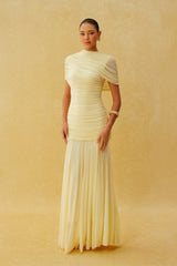 Catching Light Yellow Draped Cape Ruched Maxi Dress
