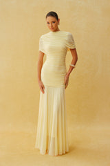Catching Light Yellow Draped Cape Ruched Maxi Dress