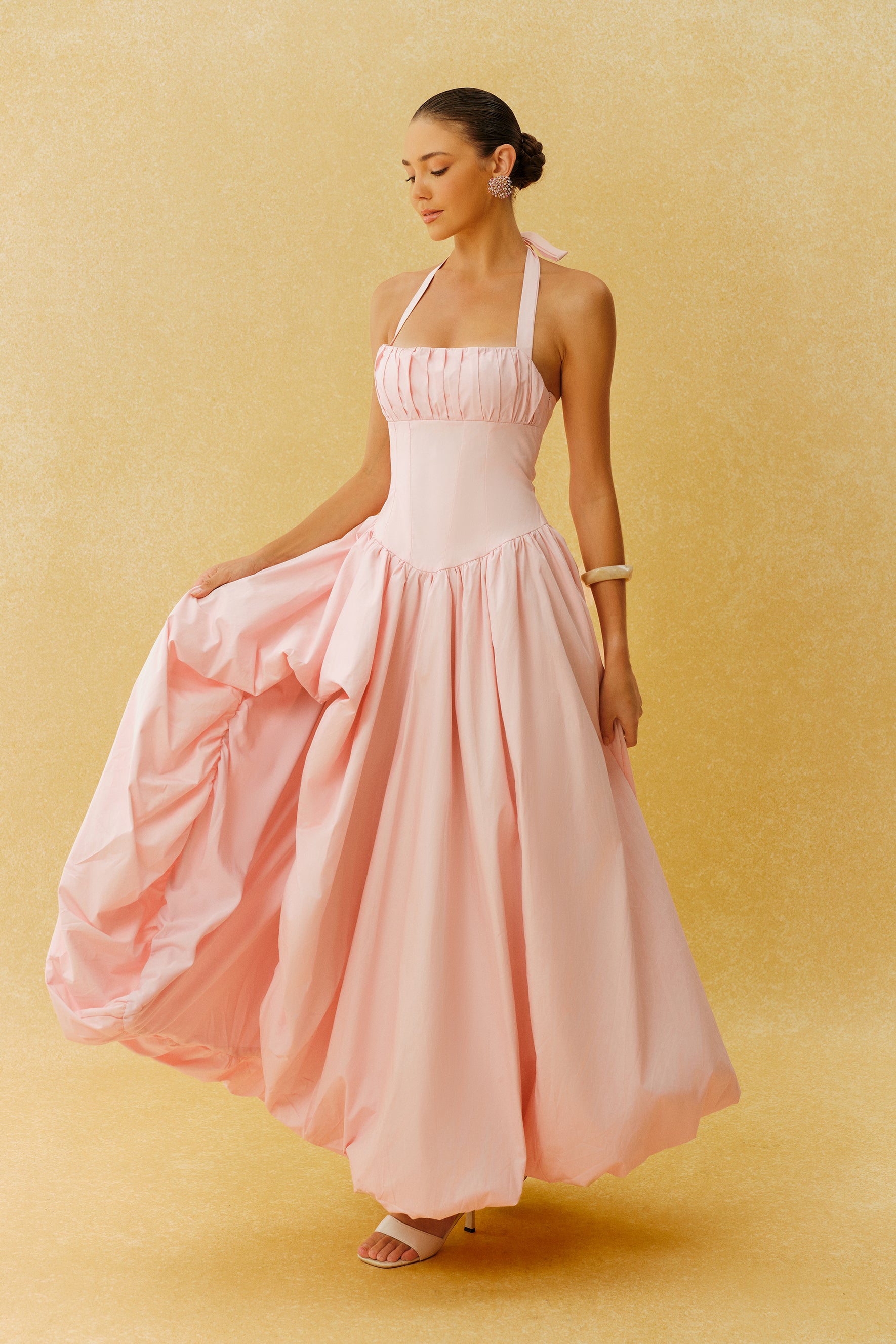 Just For Kisses Pink Halter Corset Bubble Hem Maxi Dress