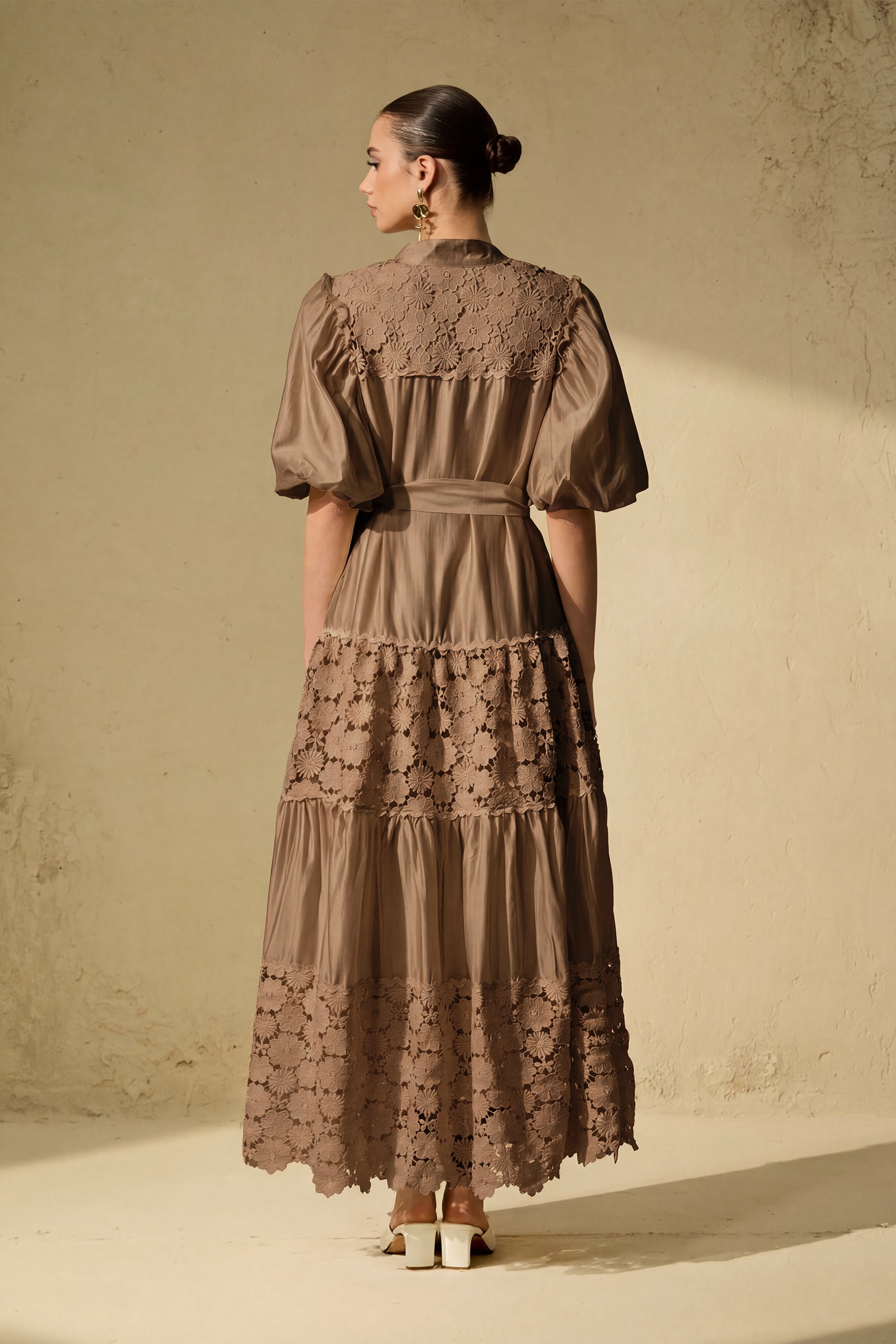 Chic Reverie Puff Sleeve Floral Lace Maxi Dress