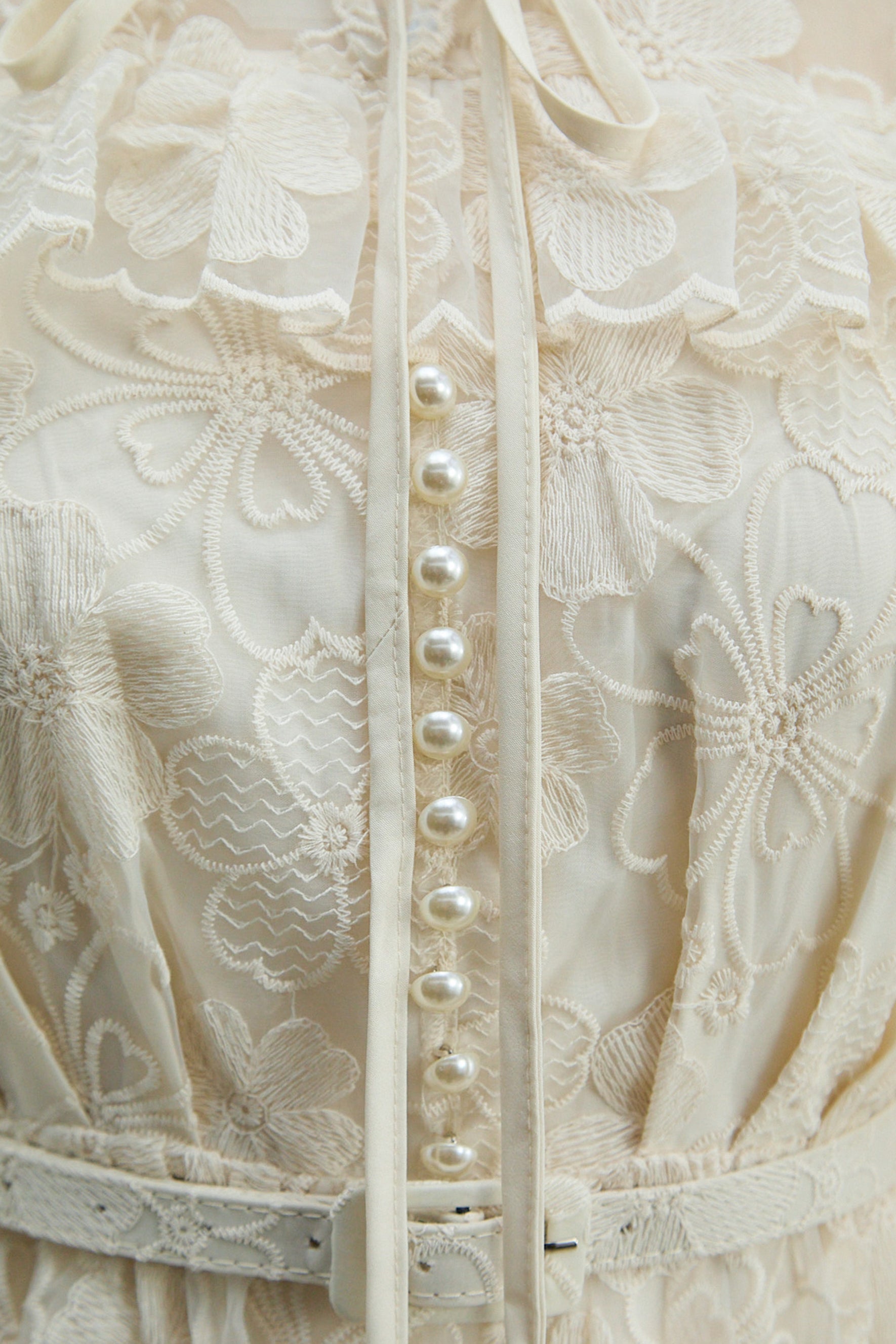 Floral Dream Beige Lace Embroidered Tiered Ruffle Maxi Dress