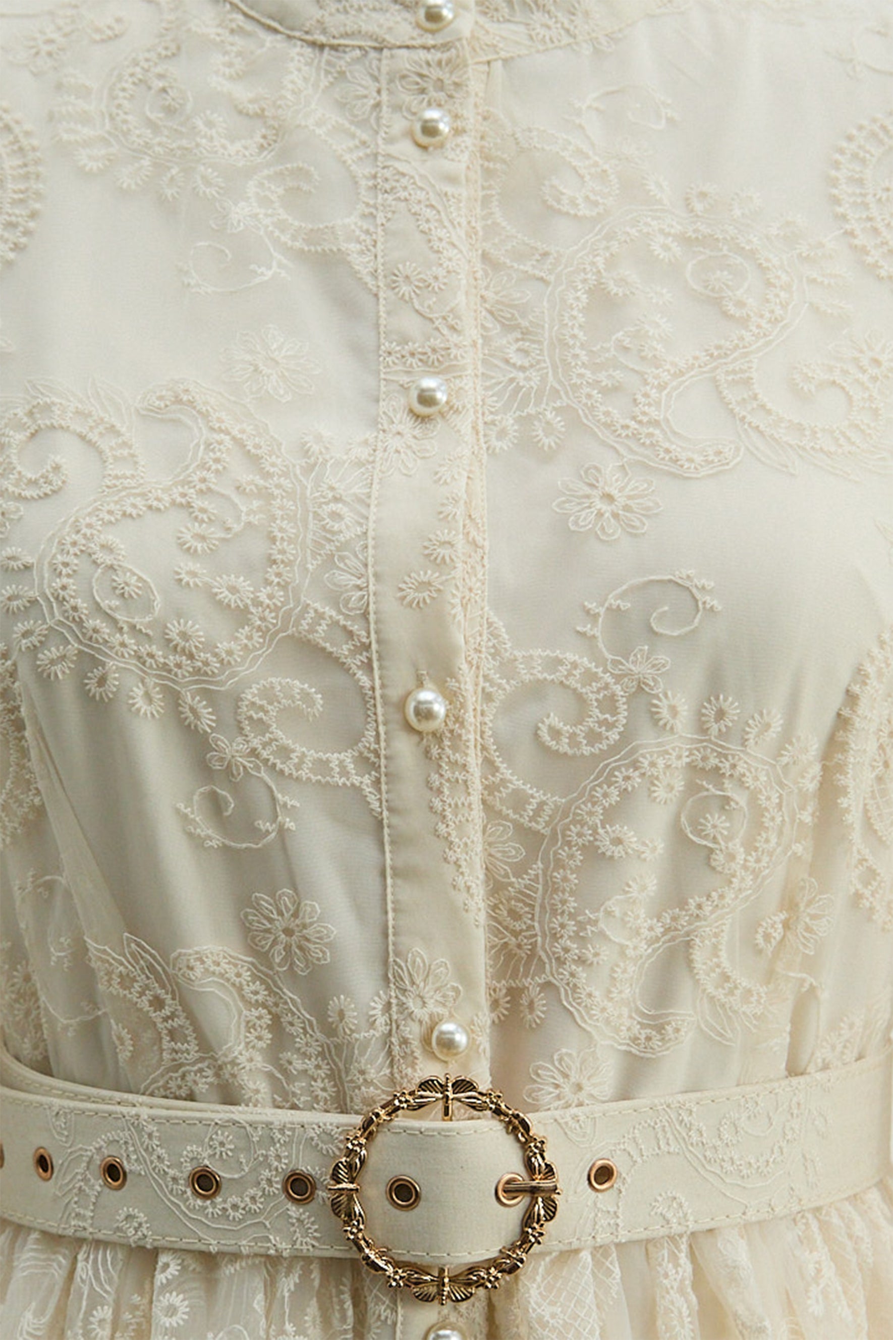 Admirable Elegance Beige Lace Embroidered Sheer Sleeve Maxi Dress
