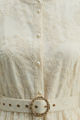 Admirable Elegance Beige Lace Embroidered Sheer Sleeve Maxi Dress