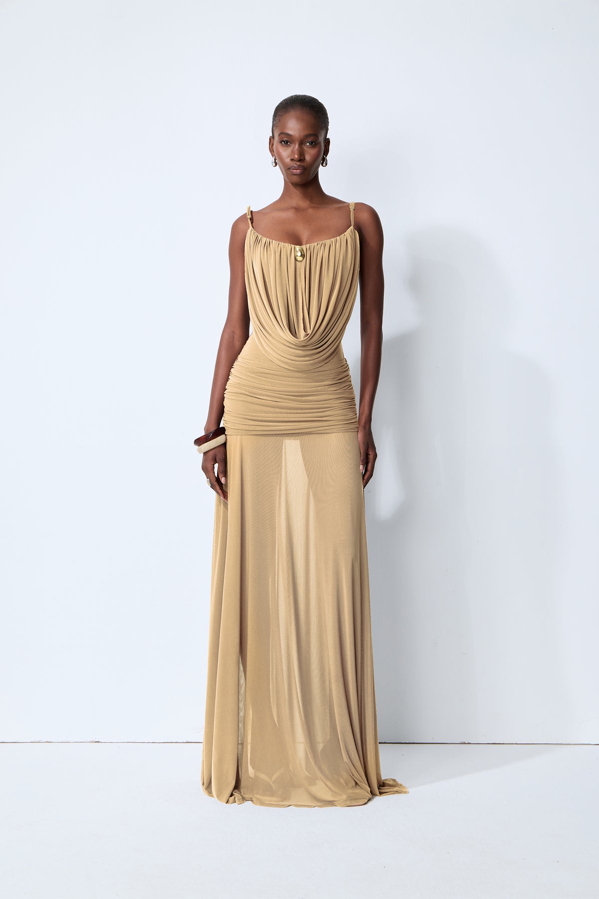 Signature Look Khaki Cowl Neck Semi-sheer Maxi Dress