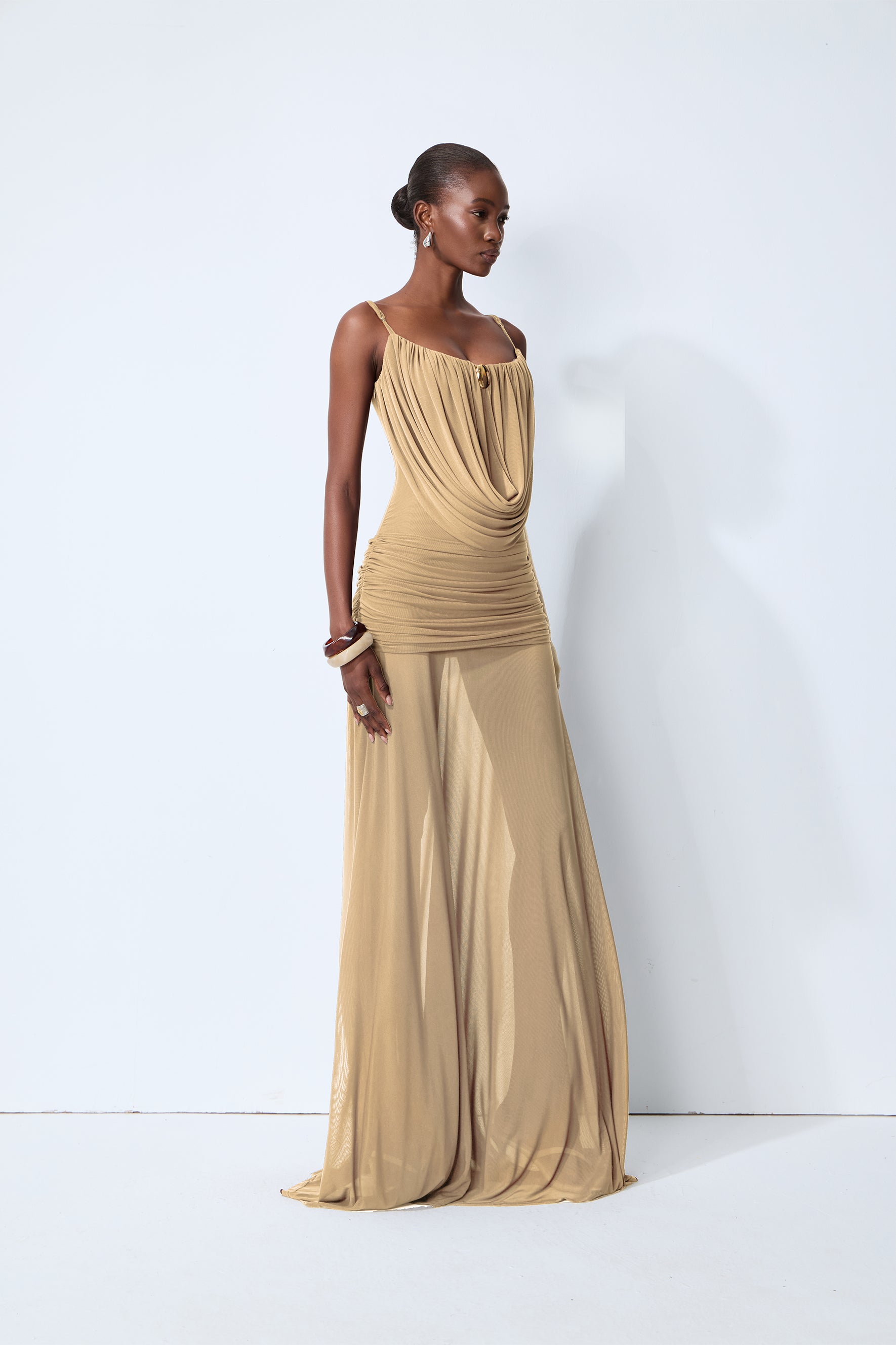 Signature Look Khaki Cowl Neck Semi-sheer Maxi Dress