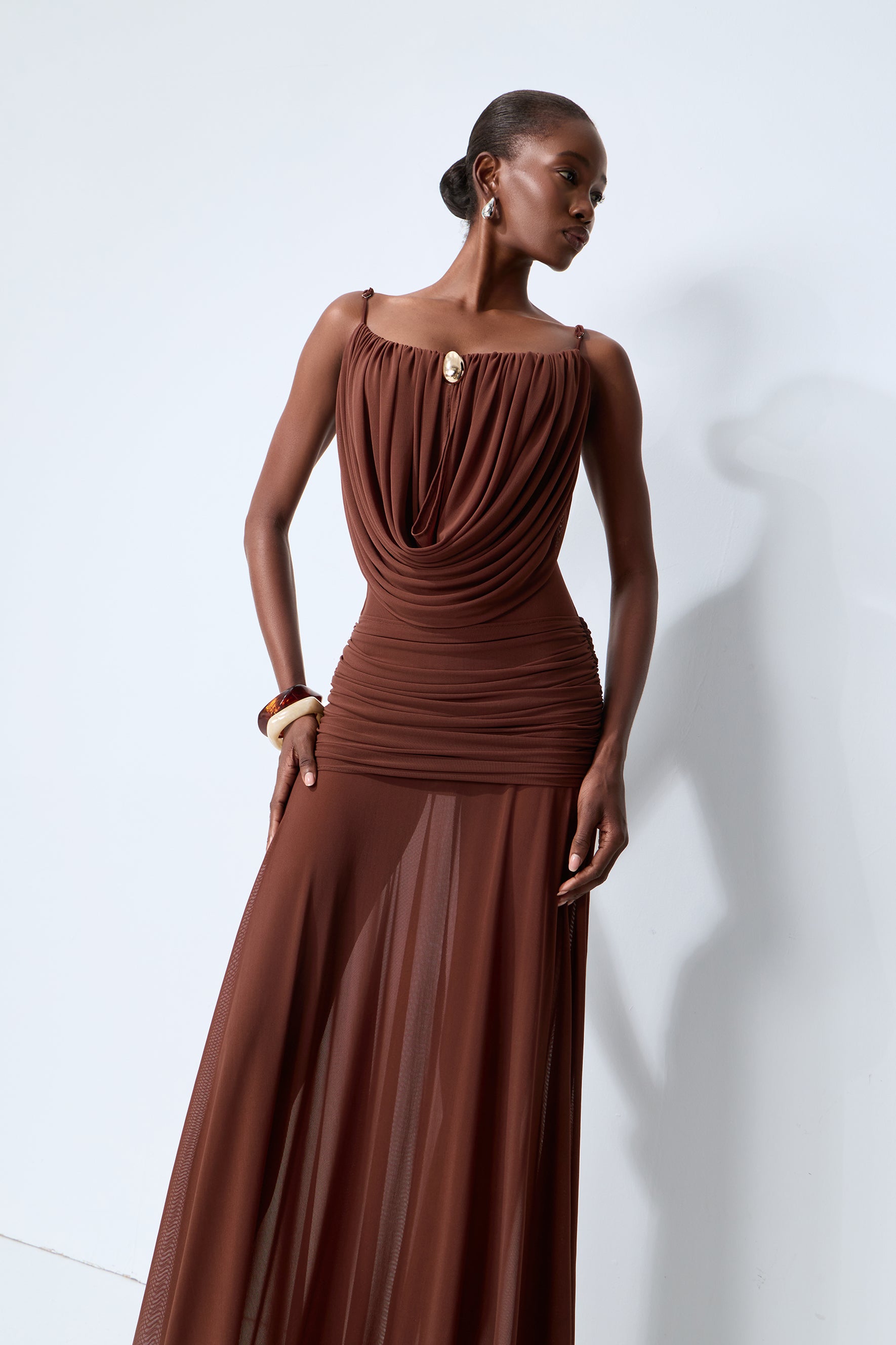 Signature Look Brown Cowl Neck Semi-sheer Maxi Dress