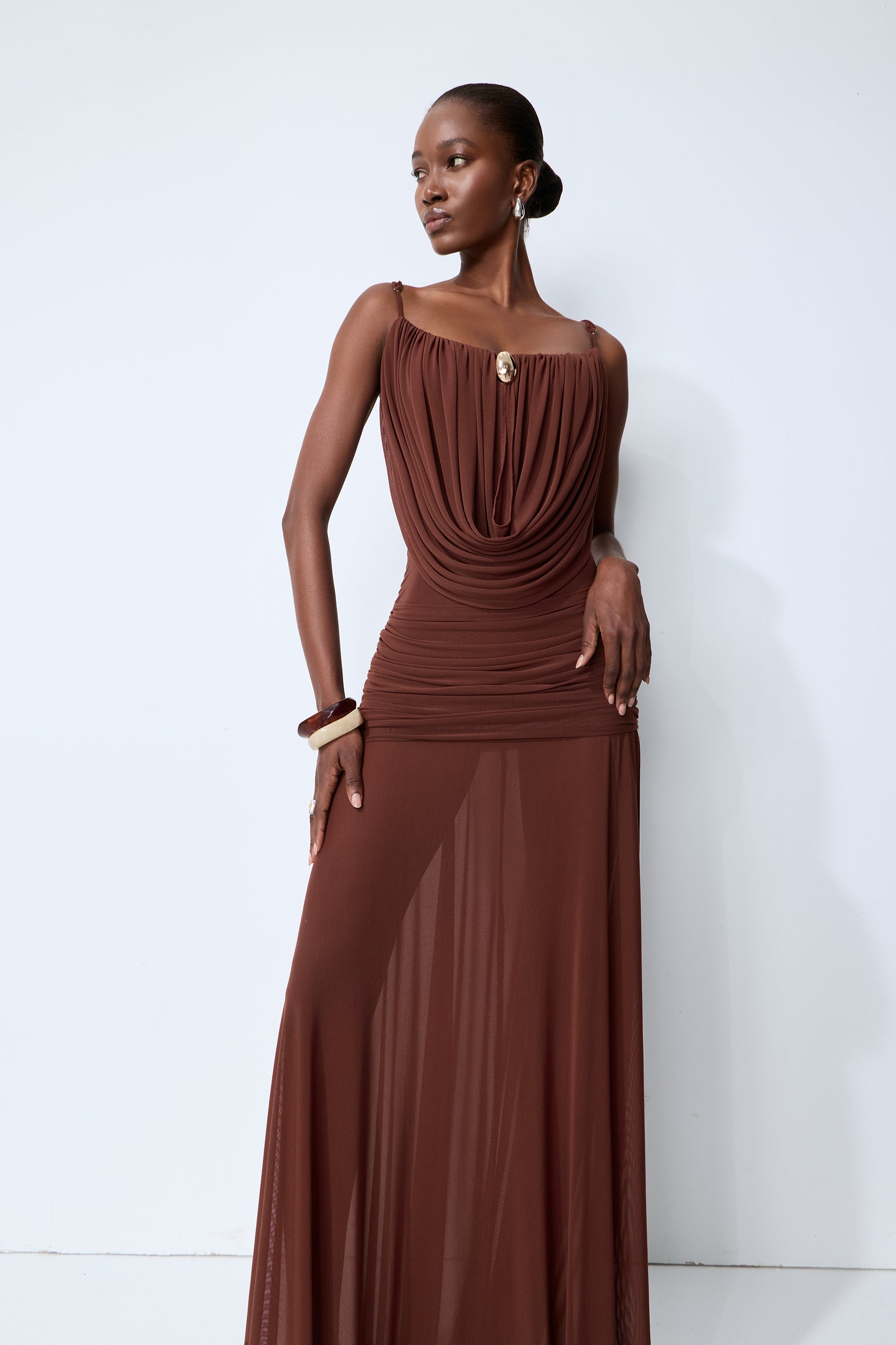 Signature Look Brown Cowl Neck Semi-sheer Maxi Dress