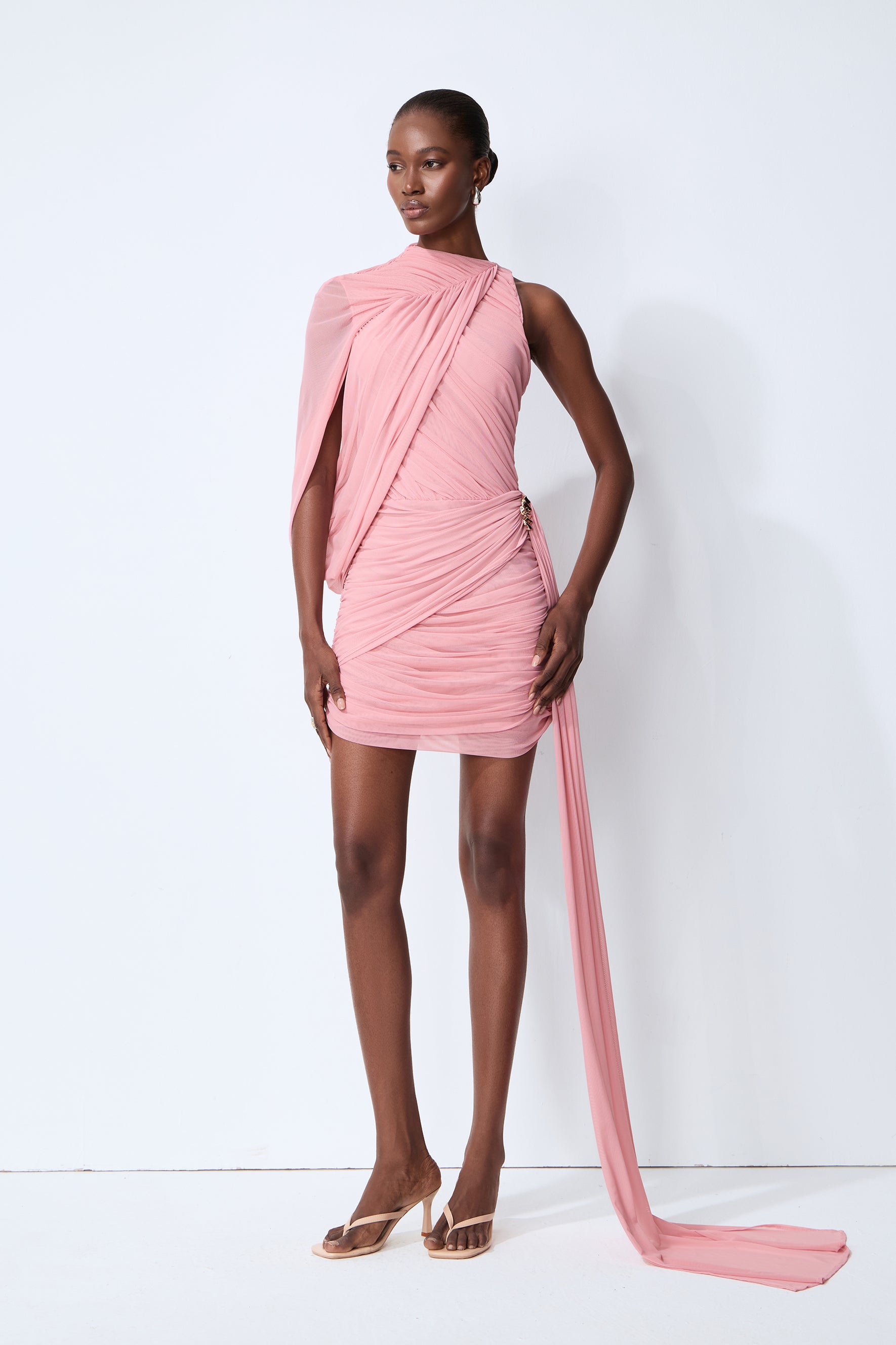 Tender Moment Pink Draped Cape Sleeveless Ruched Mini Dress