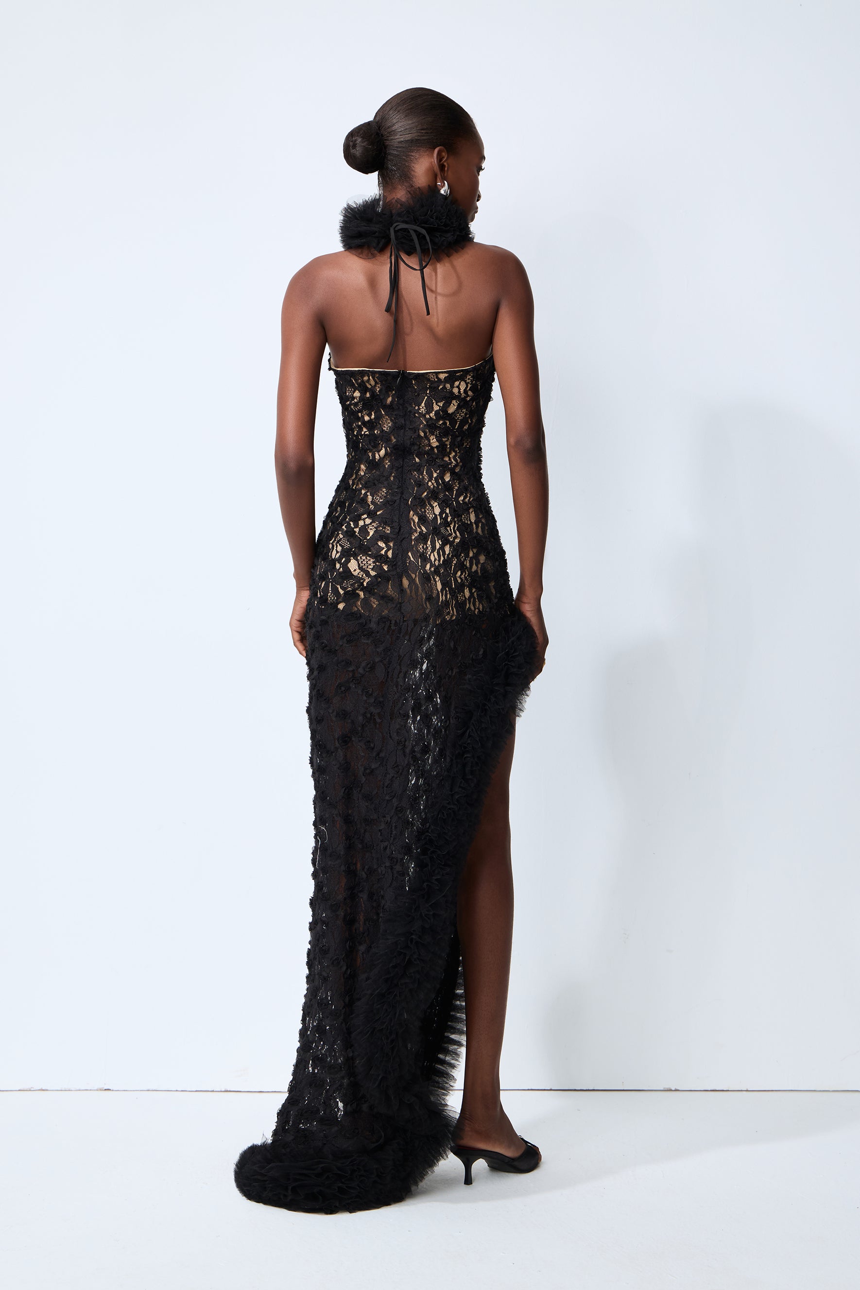 Midnight Mischief Black Lace High Slit Maxi Dress