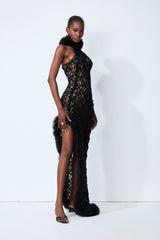 Midnight Mischief Black Lace High Slit Maxi Dress