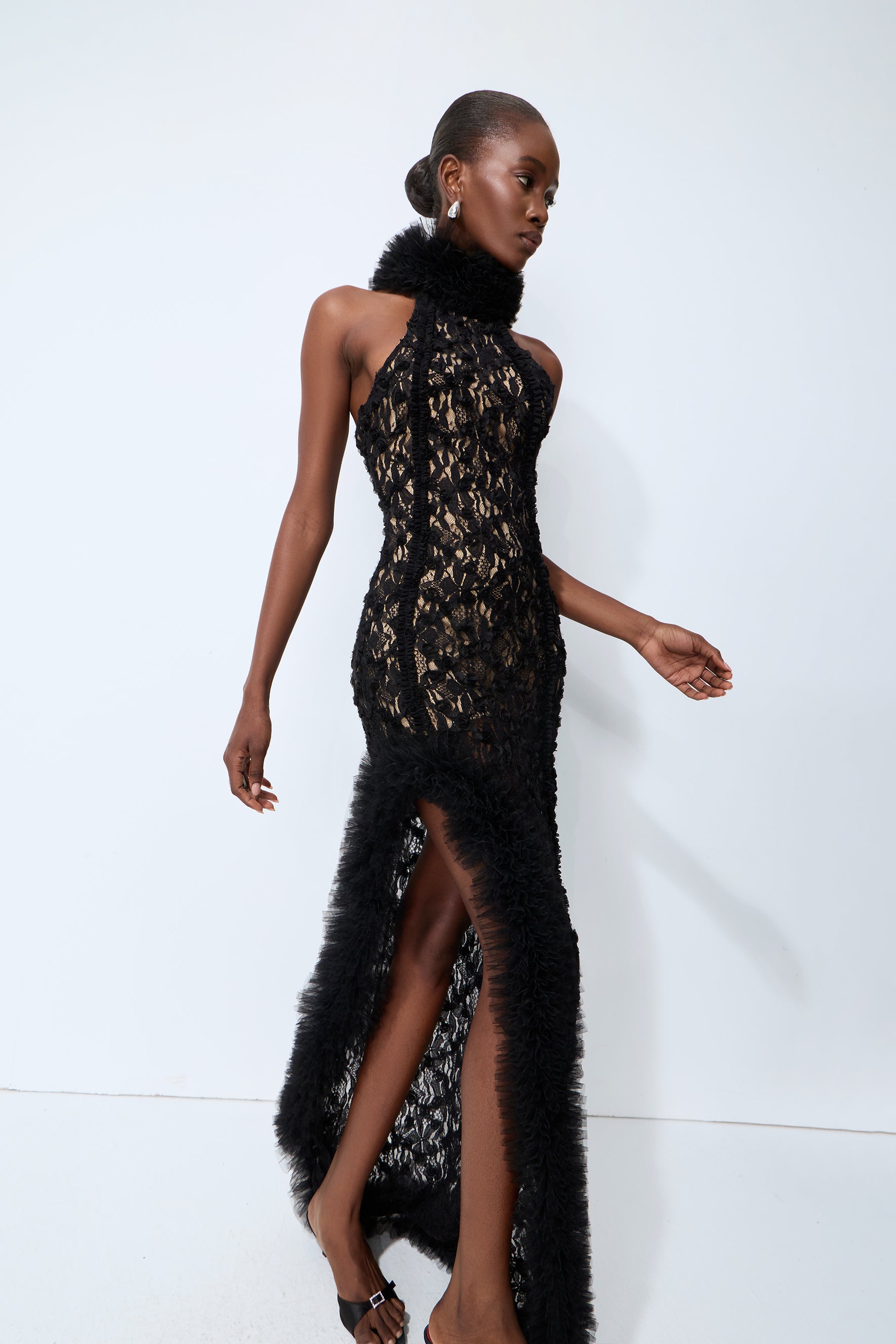 Midnight Mischief Black Lace High Slit Maxi Dress
