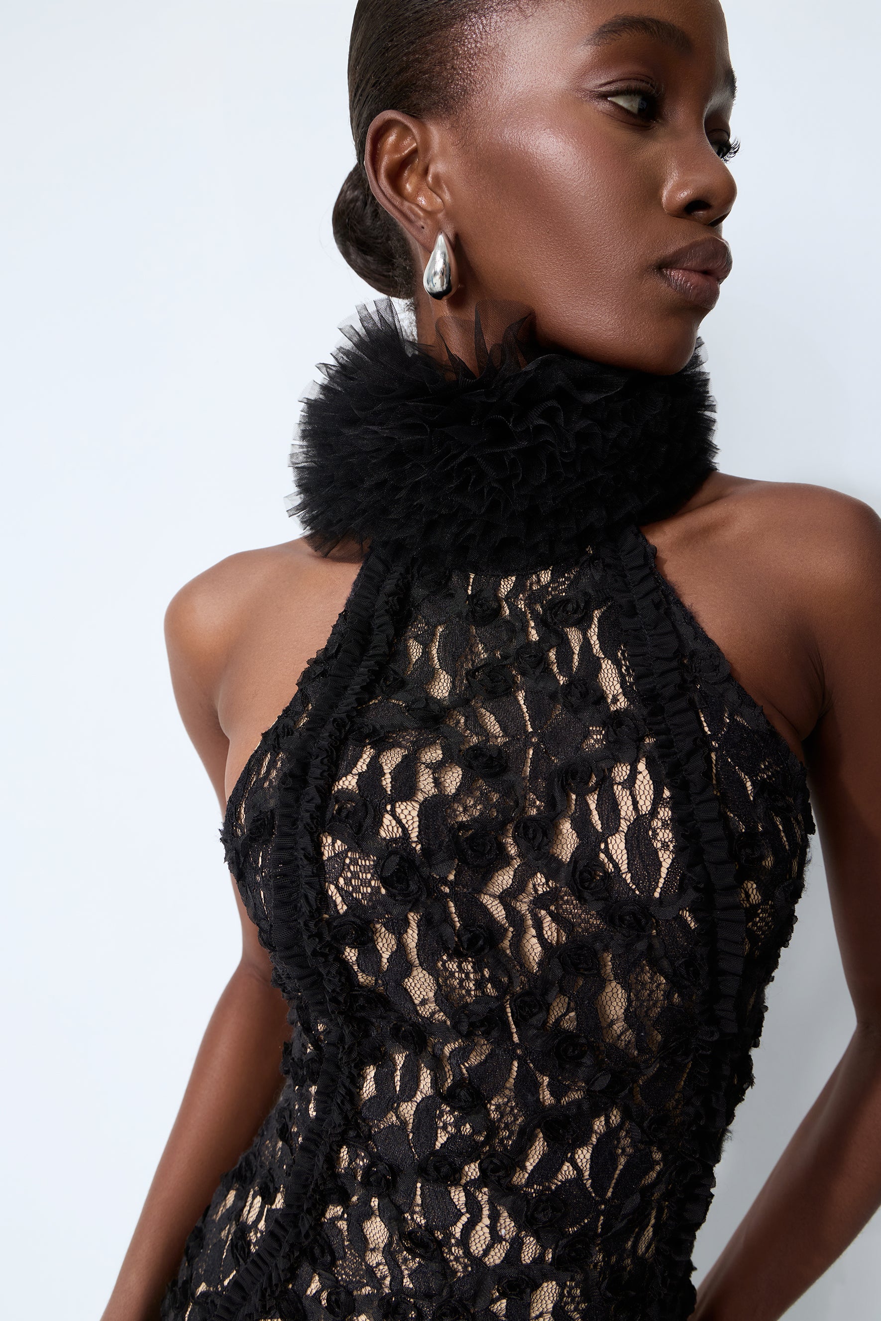 Midnight Mischief Black Lace High Slit Maxi Dress