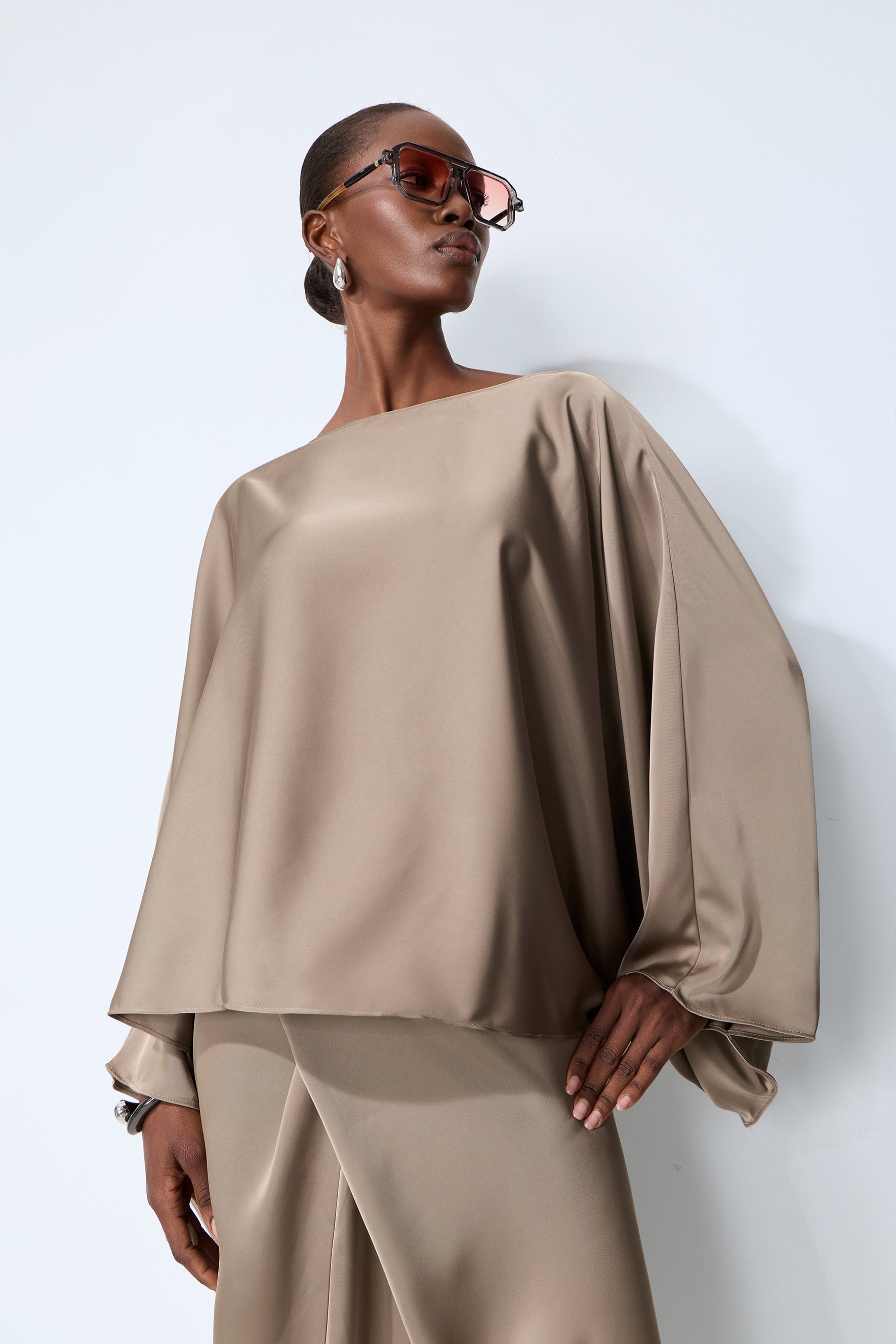 Effortless Poise Khaki Cape Sleeve Top & Maxi Dress Set
