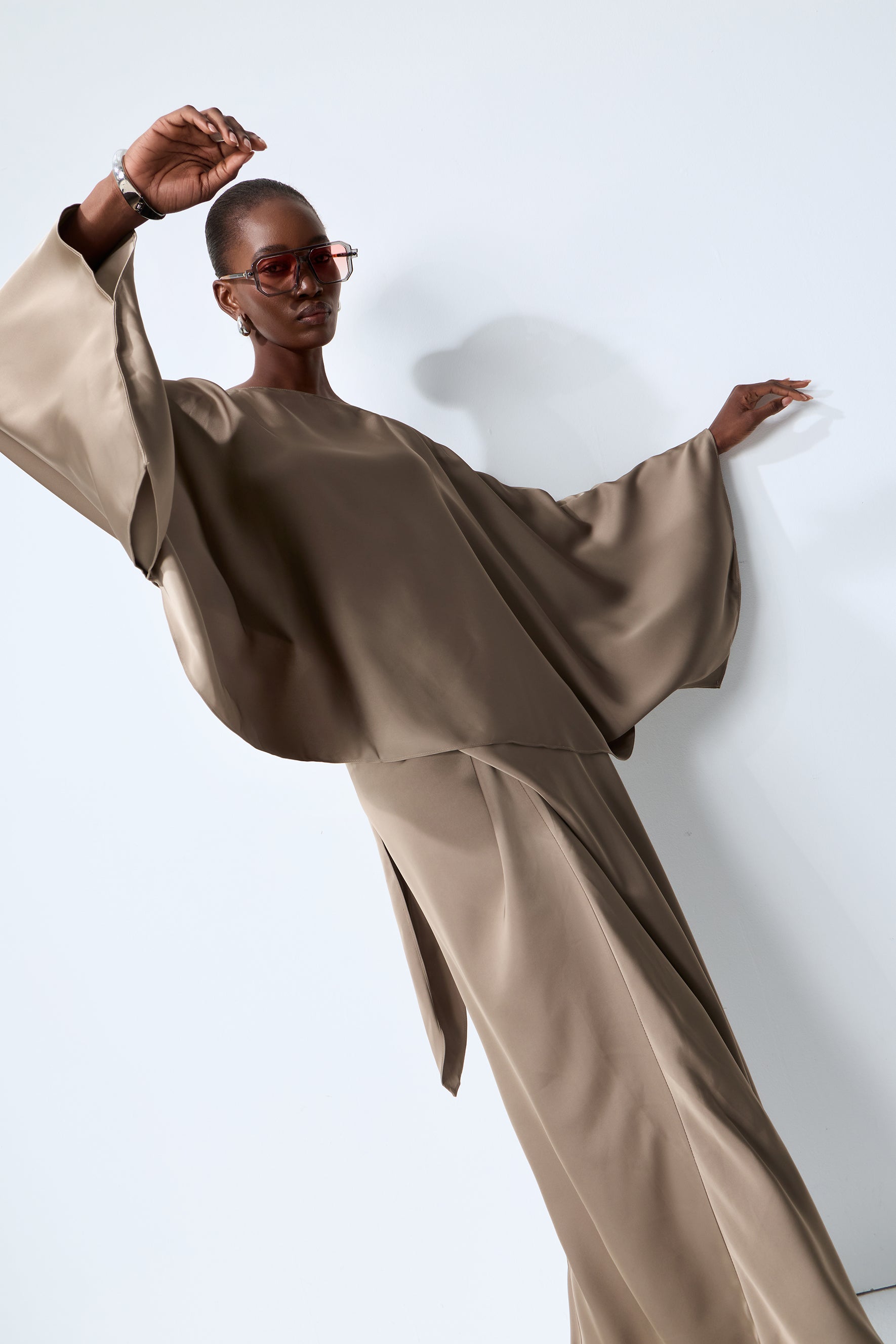 Effortless Poise Khaki Cape Sleeve Top & Maxi Dress Set