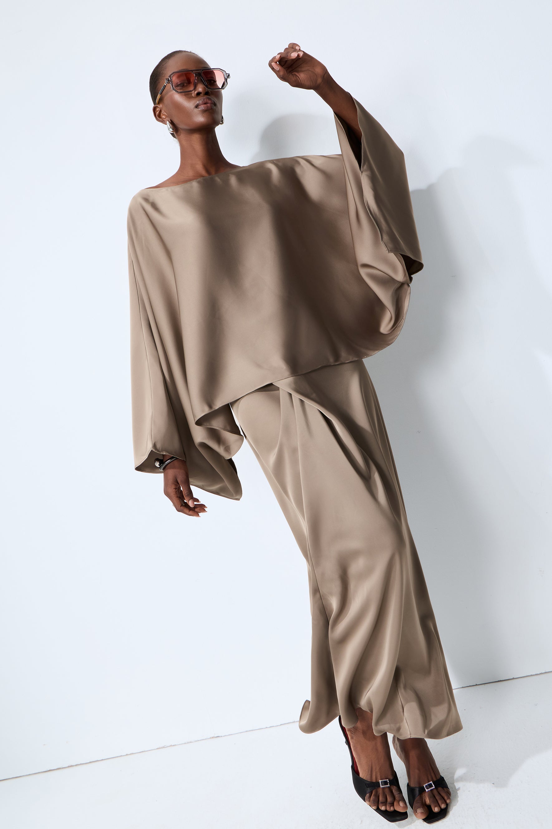 Effortless Poise Khaki Cape Sleeve Top & Maxi Dress Set
