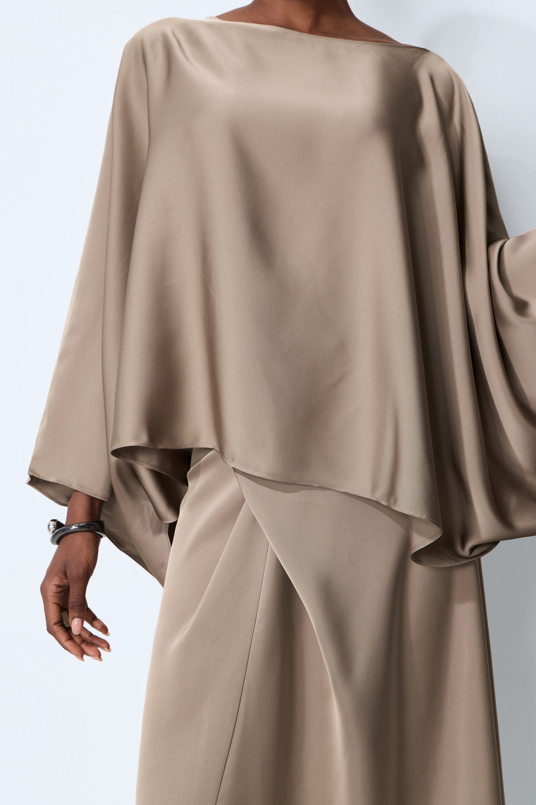 Effortless Poise Khaki Cape Sleeve Top & Maxi Dress Set