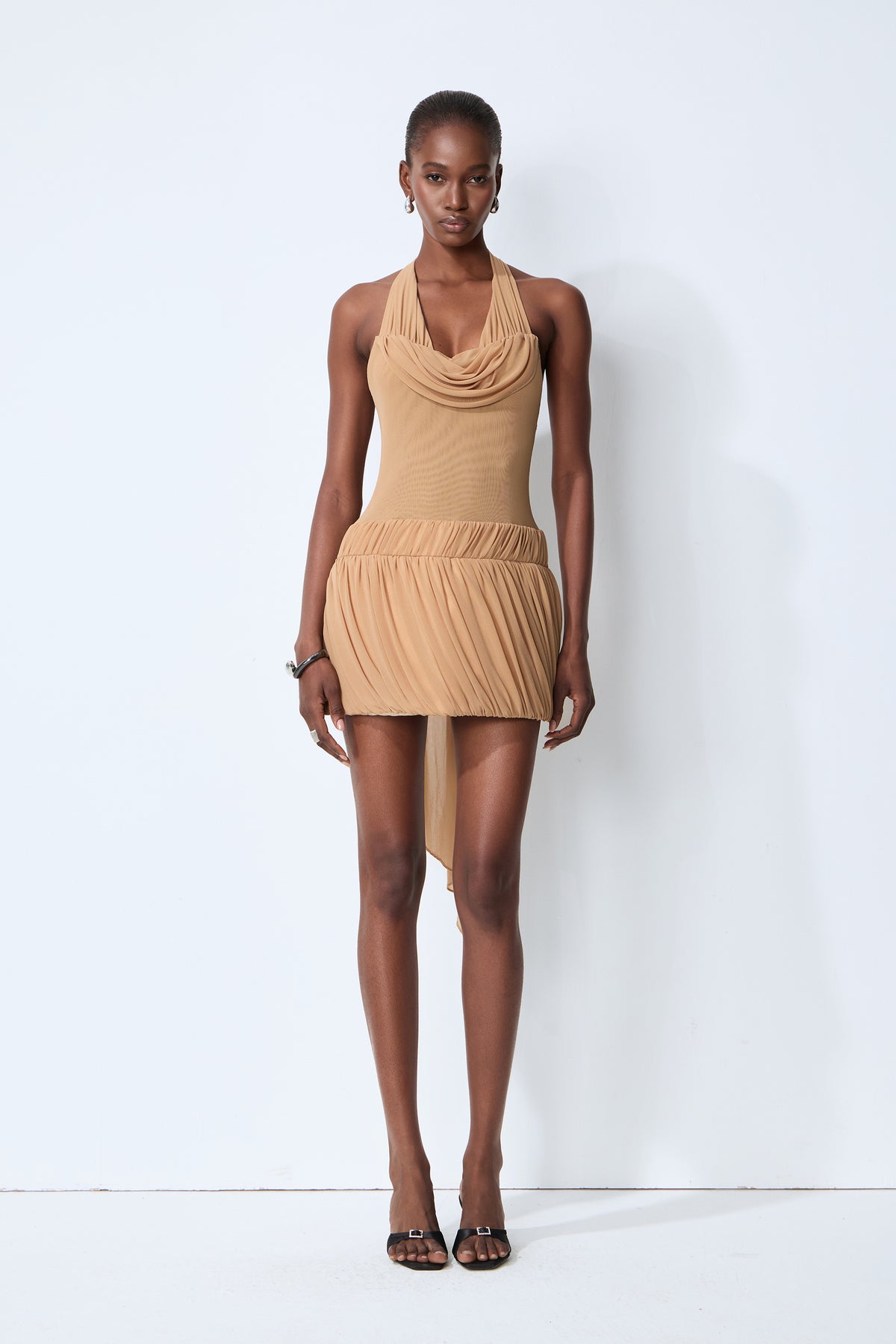 Chic Moment Khaki Cowl Neck Pleated Mini Dress