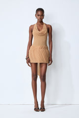 Chic Moment Khaki Cowl Neck Pleated Mini Dress