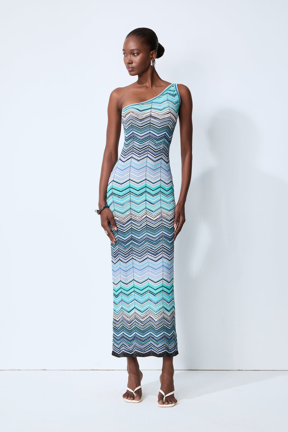 Chasing Paradise Blue Chevron One Shoulder Maxi Dress
