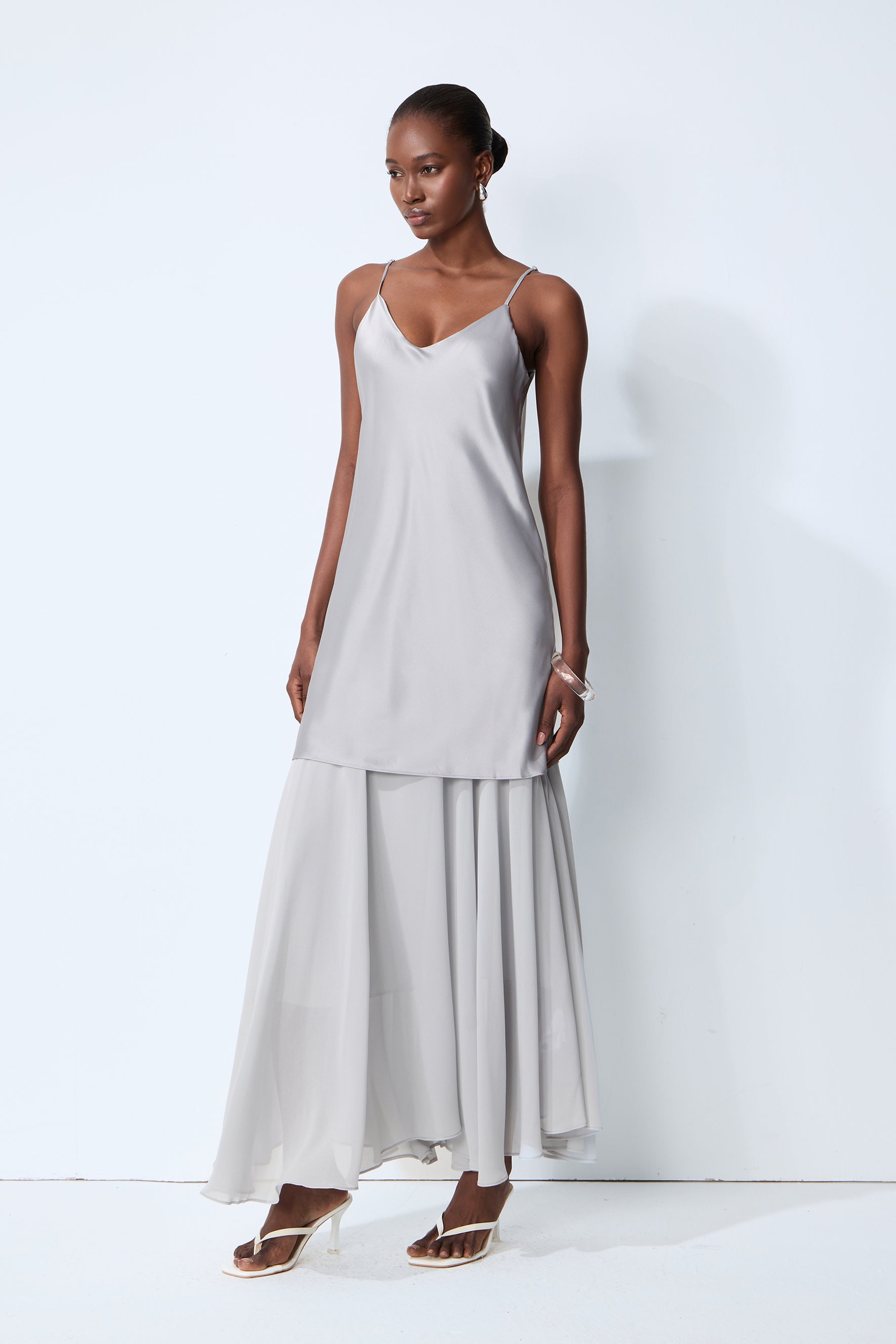 Soul Escape Satin & Chiffon Spaghetti Strap Maxi Dress