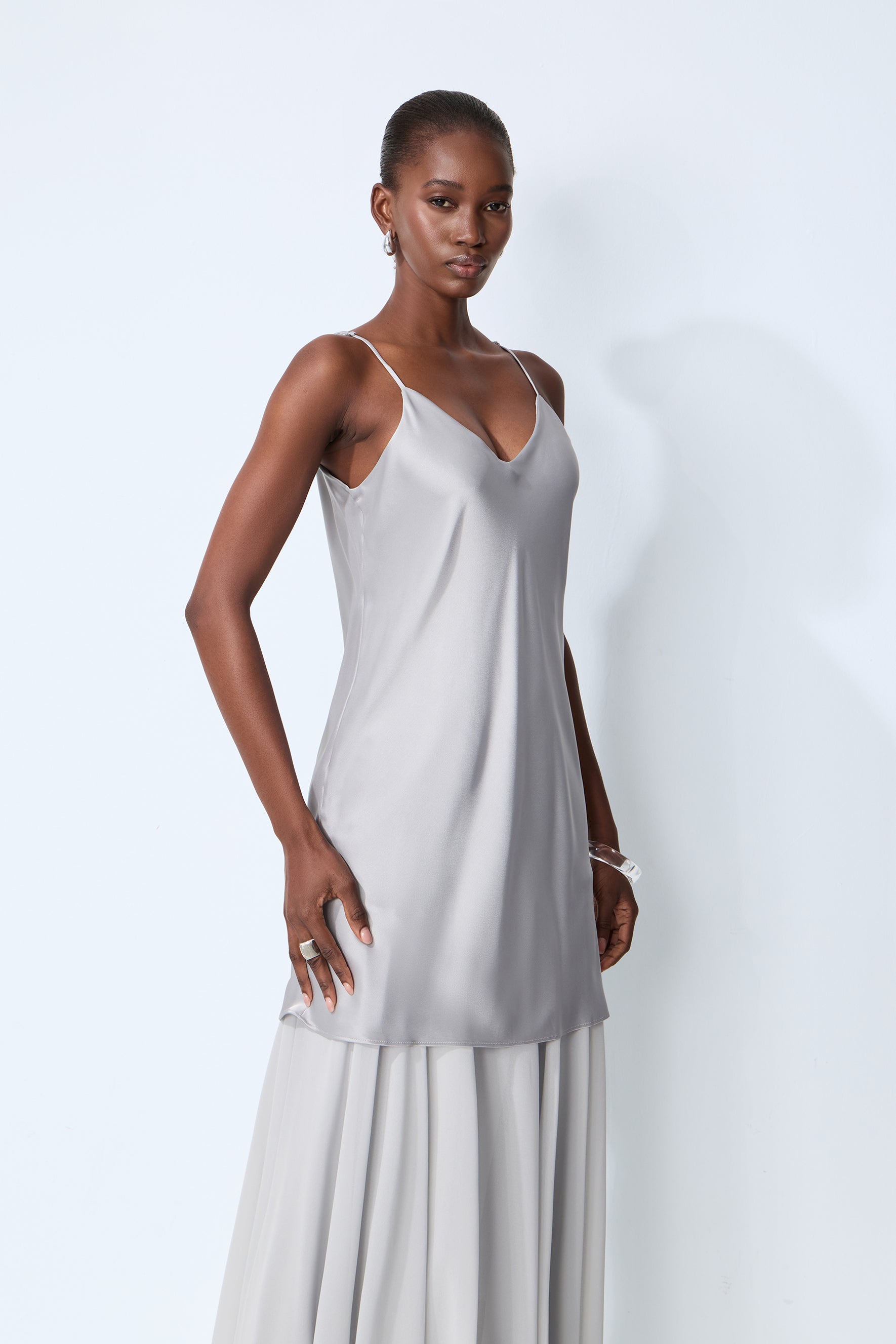 Soul Escape Satin & Chiffon Spaghetti Strap Maxi Dress