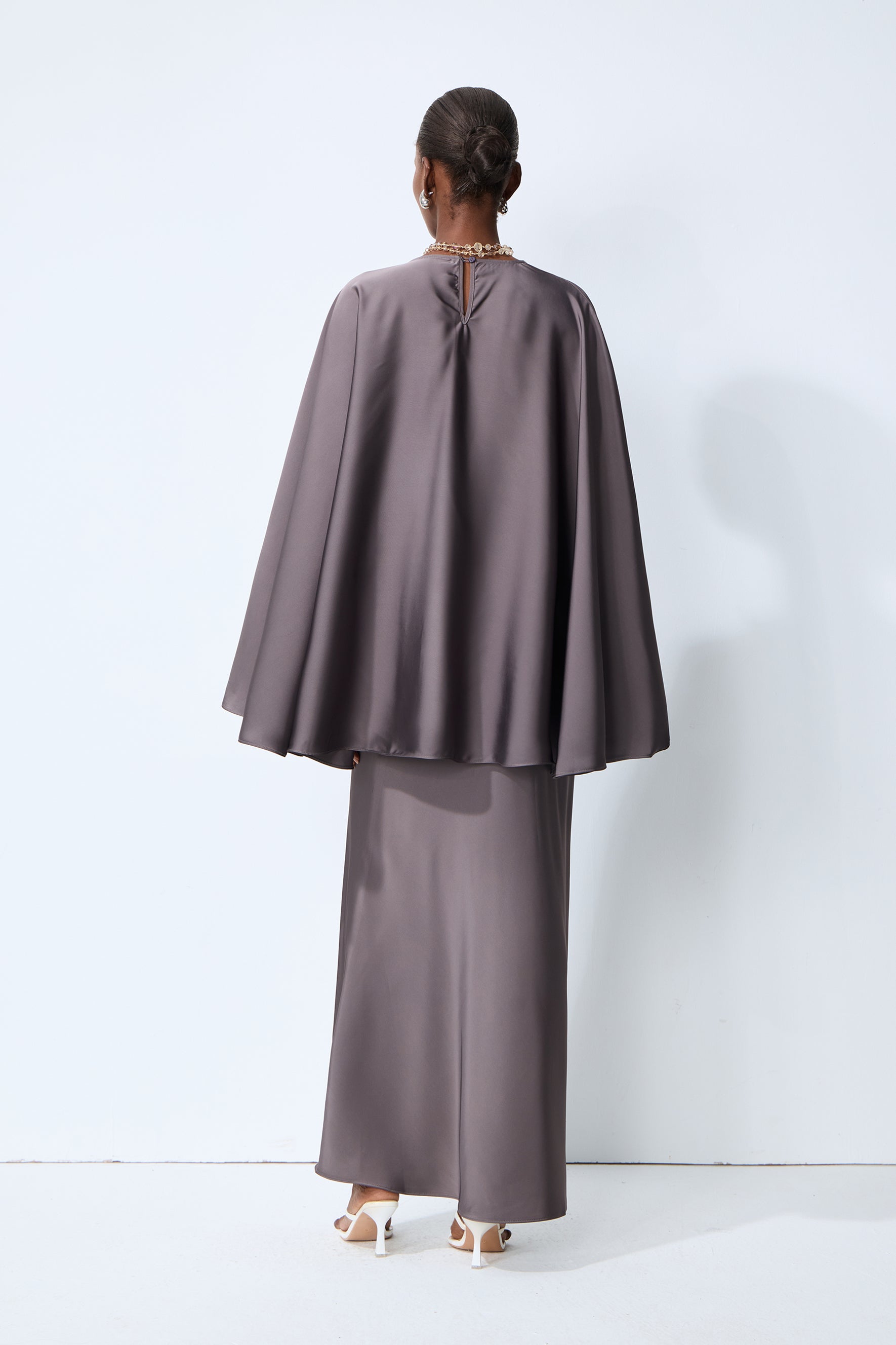 Exceptionally Graceful Grey Satin Cape Sleeve Top & Skirt Set