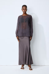 Shine Moment Grey Sheer Rhinestone Embellished Blouse