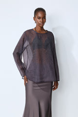 Shine Moment Grey Sheer Rhinestone Embellished Blouse