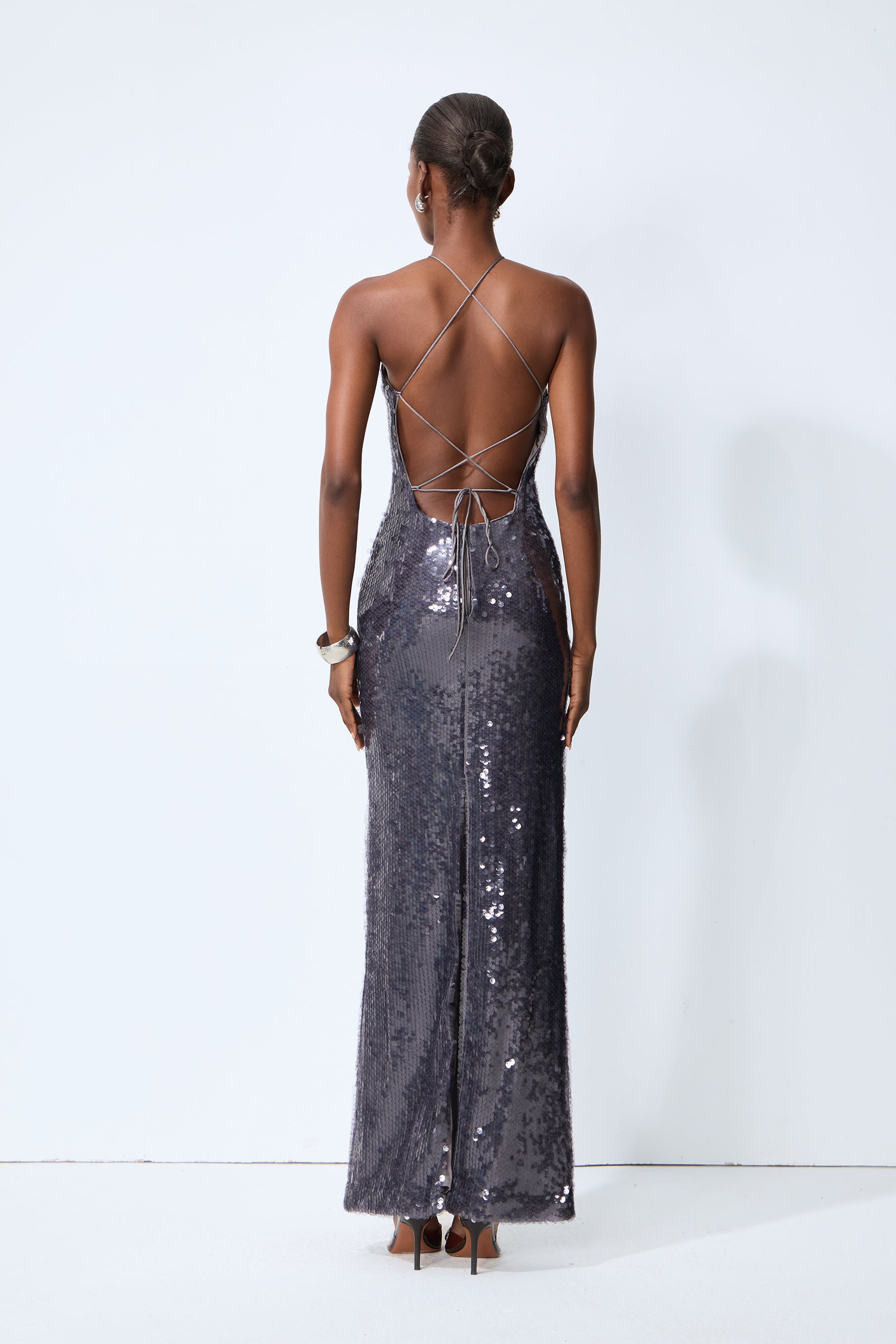 Glow All Night Grey Floral Applique Sequin Maxi Dress