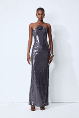 Glow All Night Grey Floral Applique Sequin Maxi Dress