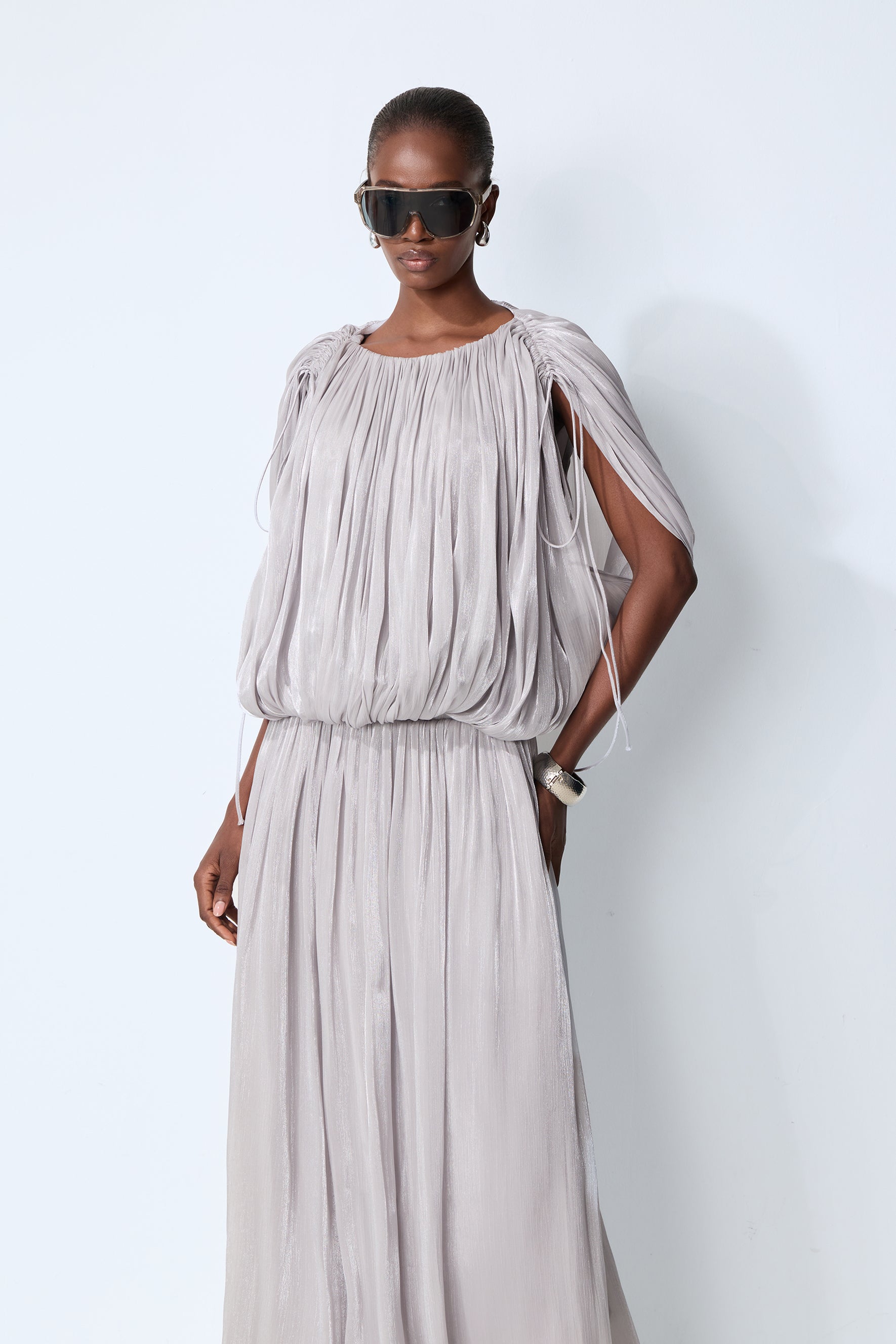 Daydreamers Grey Draped Gathered Maxi Dress