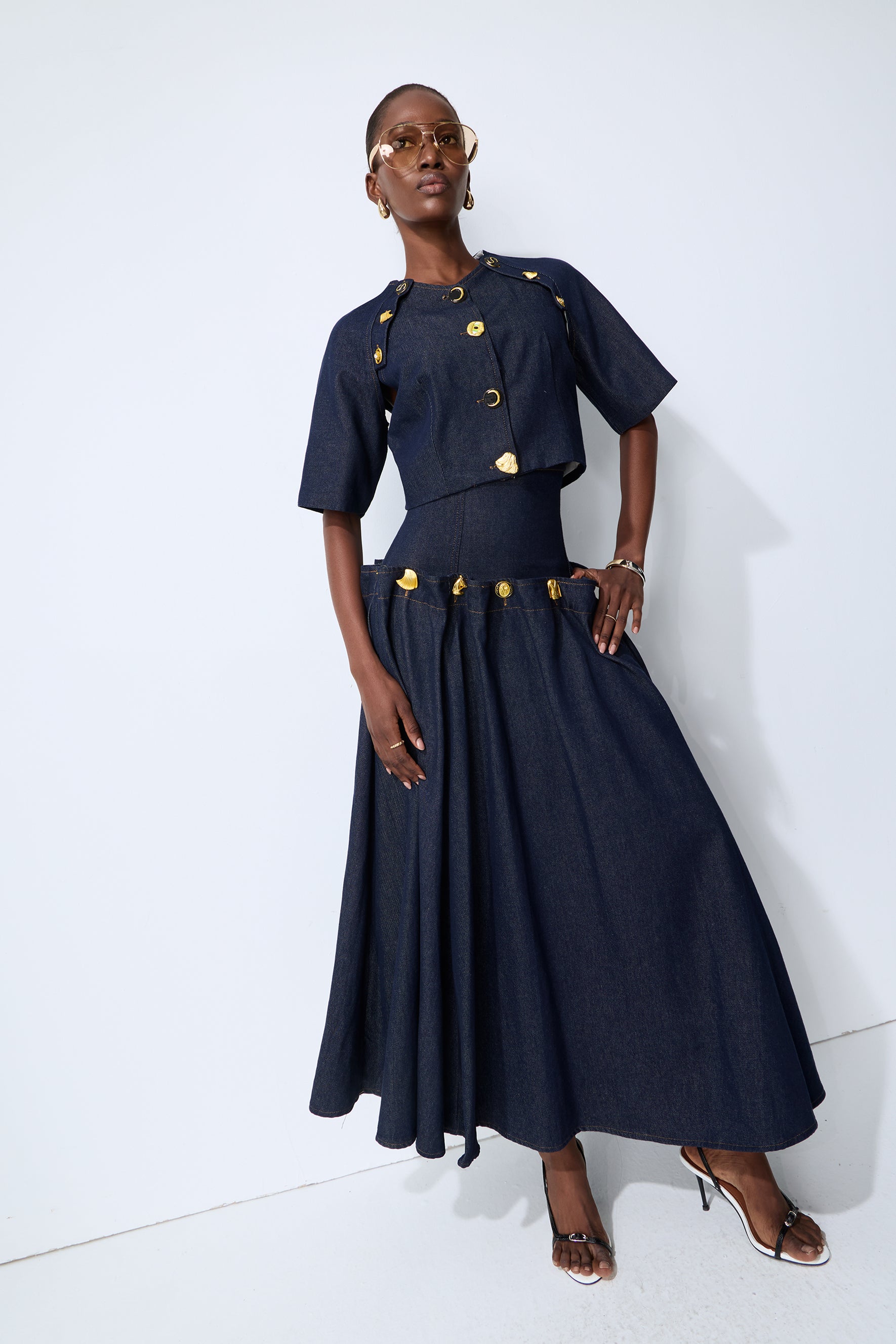 Living the Moment Blue Denim Gold Button Crop Top & Skirt Set