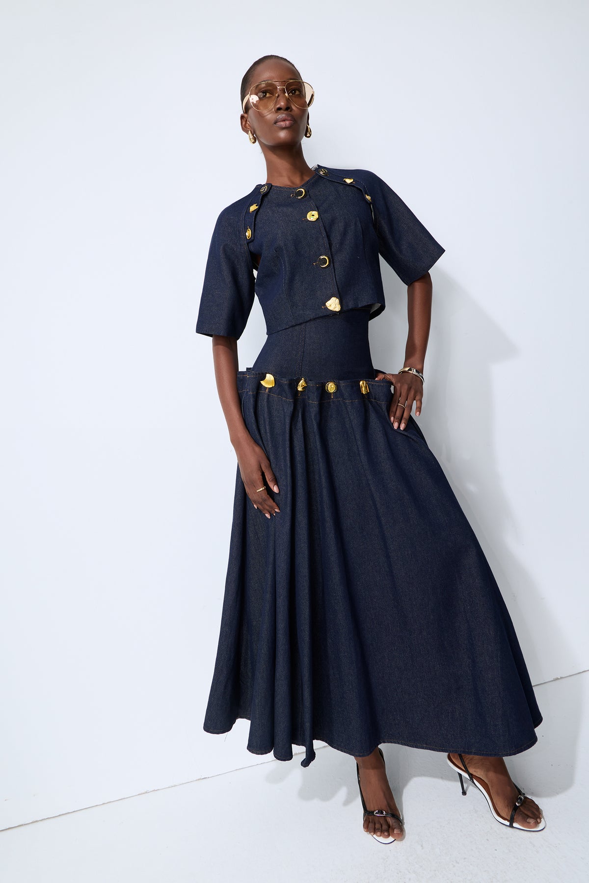 Living the Moment Blue Denim Gold Button Crop Top & Skirt Set