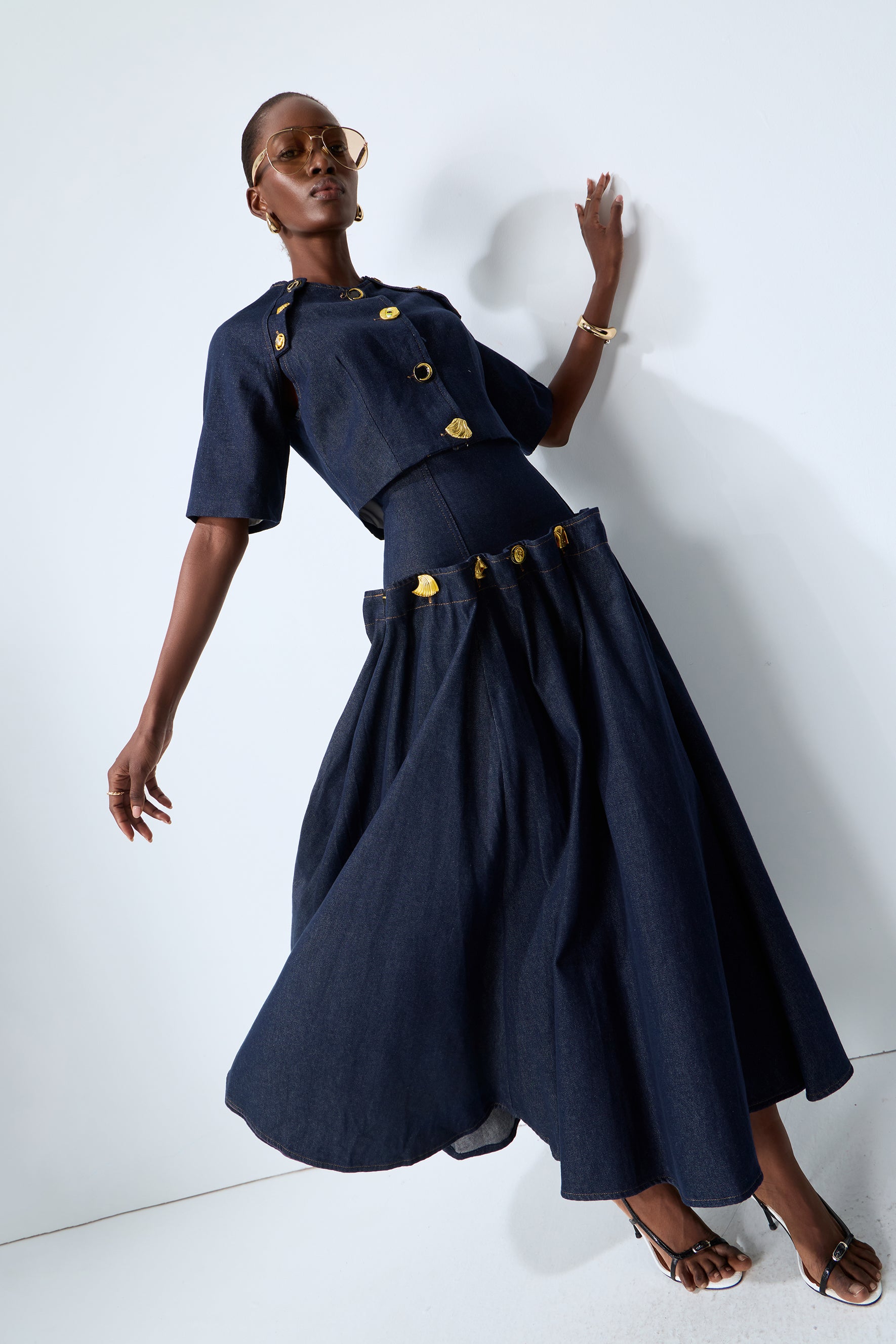Living the Moment Blue Denim Gold Button Crop Top & Skirt Set