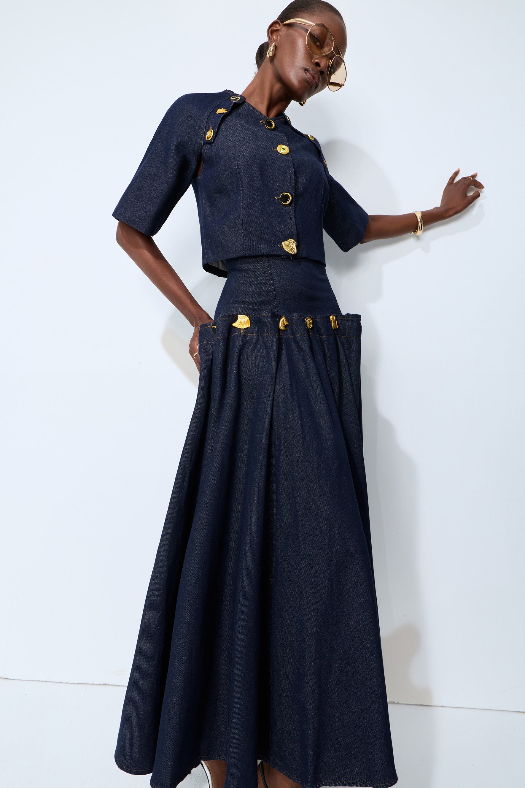 Living the Moment Blue Denim Gold Button Crop Top & Skirt Set