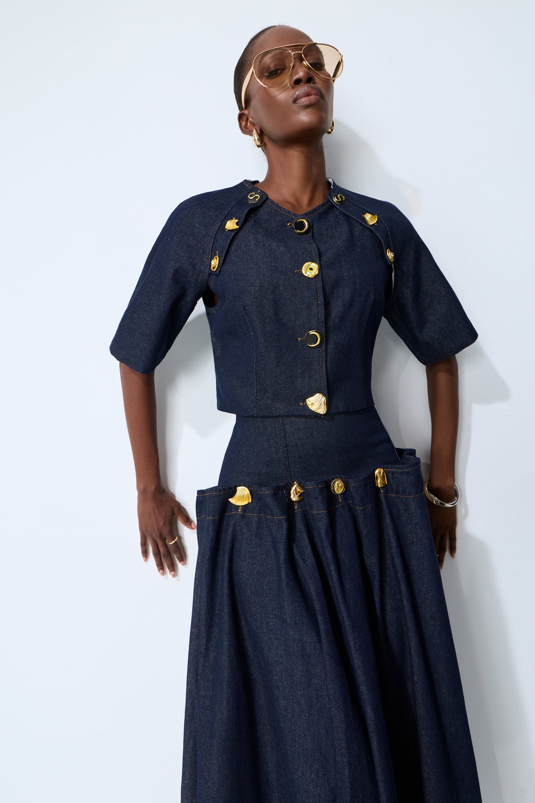 Living the Moment Blue Denim Gold Button Crop Top & Skirt Set
